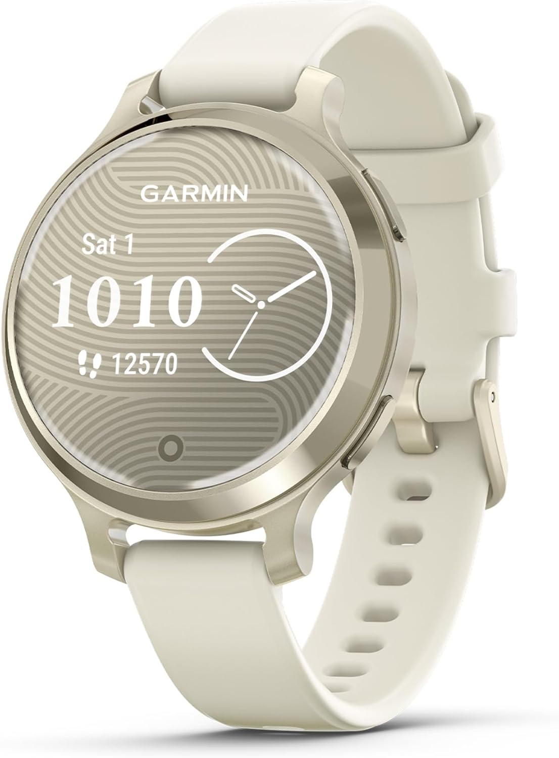 Garmin Lily 2 Active, Reloj Inteligente con GPS, Diseño Elegante, Datos de Salud y Forma Física, Pantalla Táctil, Notificaciones Inteligentes, Autonomía hasta 9 días, Dorado con Correa Blanca - 1