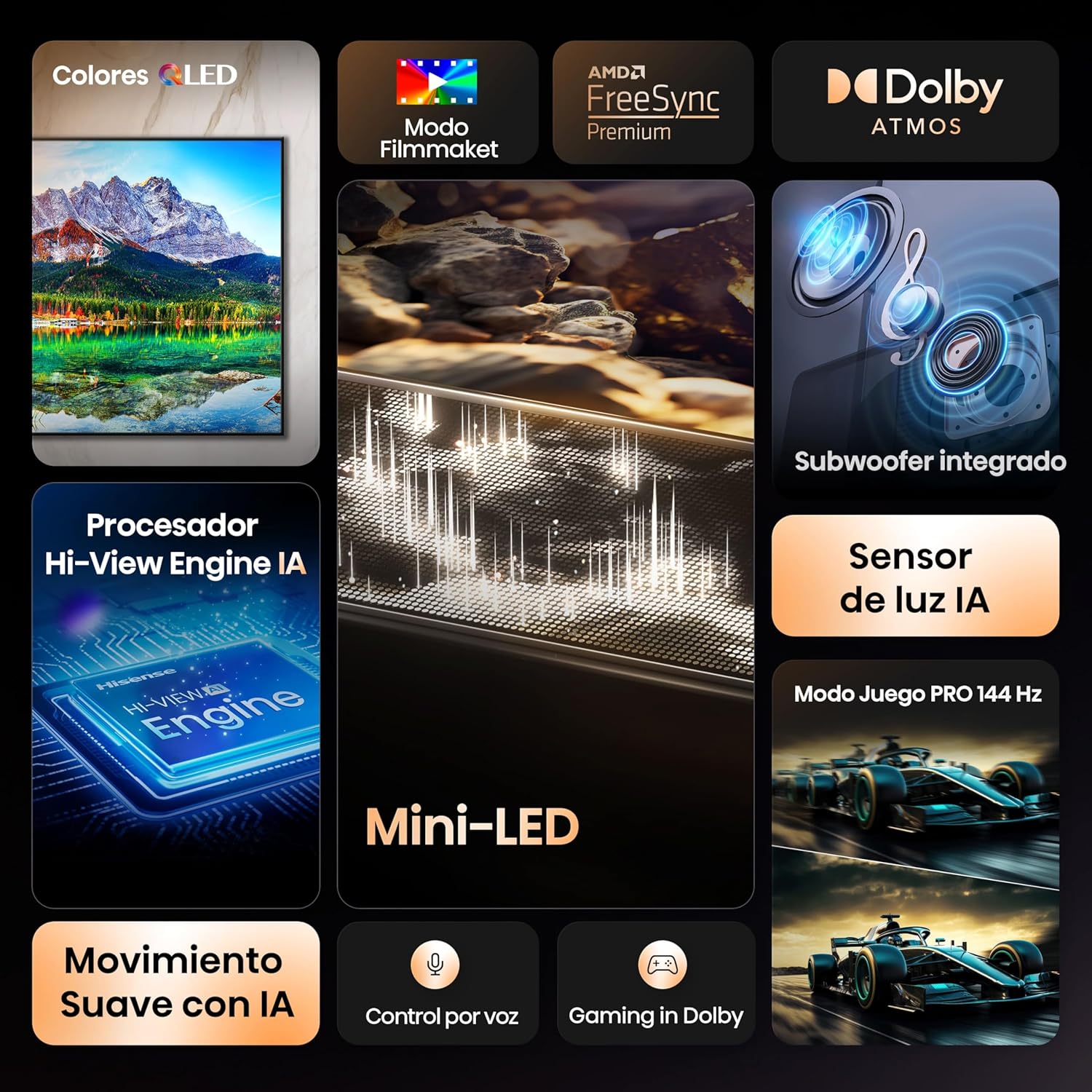 Hisense 65E8Q - Mini LED Smart TV, Quantum Dot, 144Hz, Subwoofer Integrado, Dolby Vision IQ & Dolby Atmos, Full Array Local Dimming, Procesador Hi-View Engine - 3