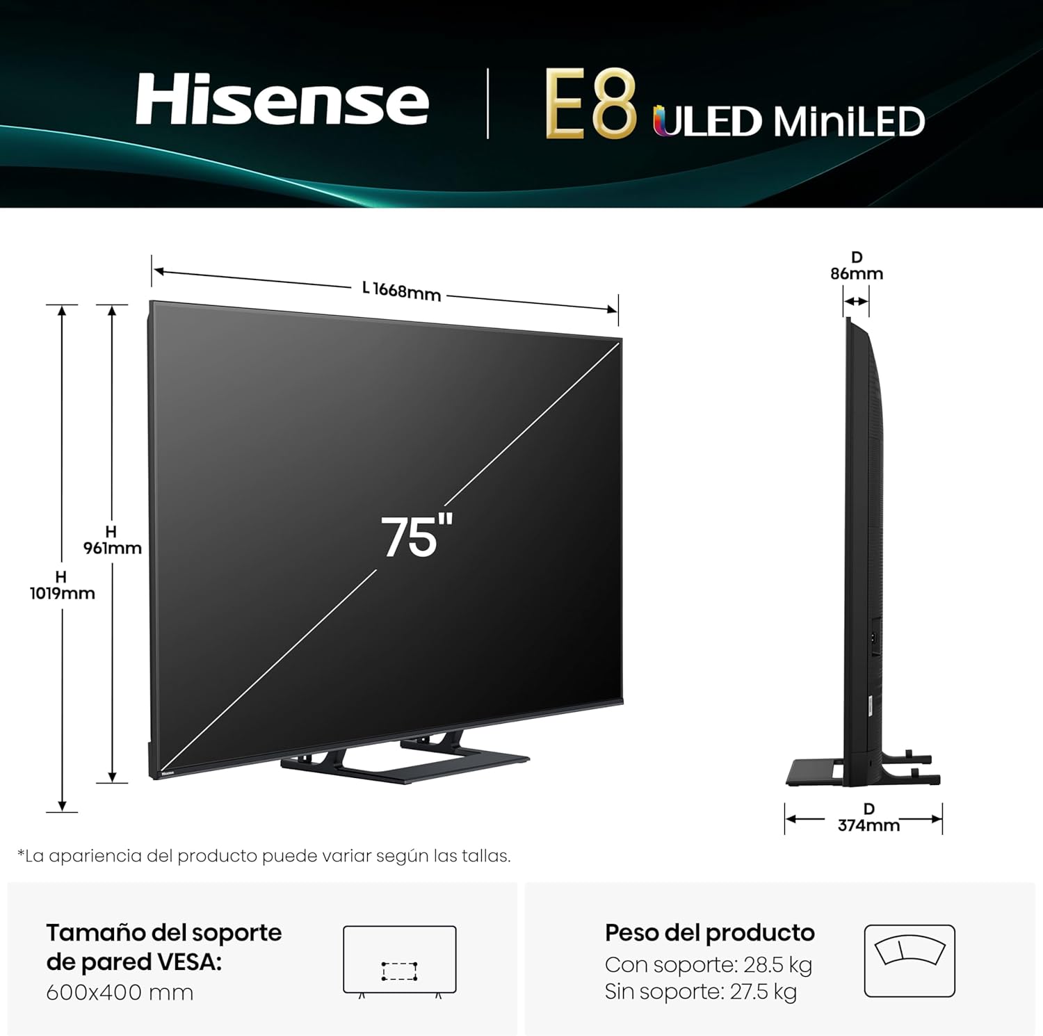 Hisense 75E8Q - Mini LED Smart TV, Quantum Dot, 144Hz, Subwoofer Integrado, Dolby Vision IQ & Dolby Atmos, Full Array Local Dimming, Procesador Hi-View Engine - 2
