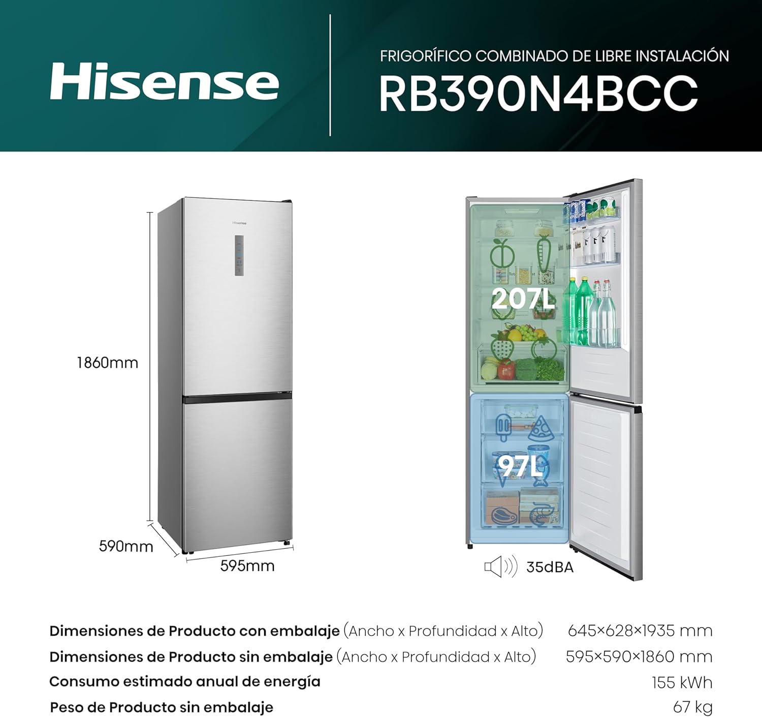 Hisense RB390N4BCC - Frigorífico Combi,No Frost, Inverter, Eficiente Clase C, Capacidad 304 L, 186 cm Al, Cajón Verduras, 4 Estrellas Congelador, Puerta Reversible, Silencioso 39dB, Color Blanco, Inox - 2