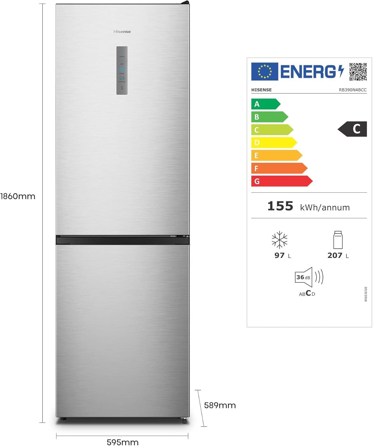 Hisense RB390N4BCC - Frigorífico Combi,No Frost, Inverter, Eficiente Clase C, Capacidad 304 L, 186 cm Al, Cajón Verduras, 4 Estrellas Congelador, Puerta Reversible, Silencioso 39dB, Color Blanco, Inox - 3