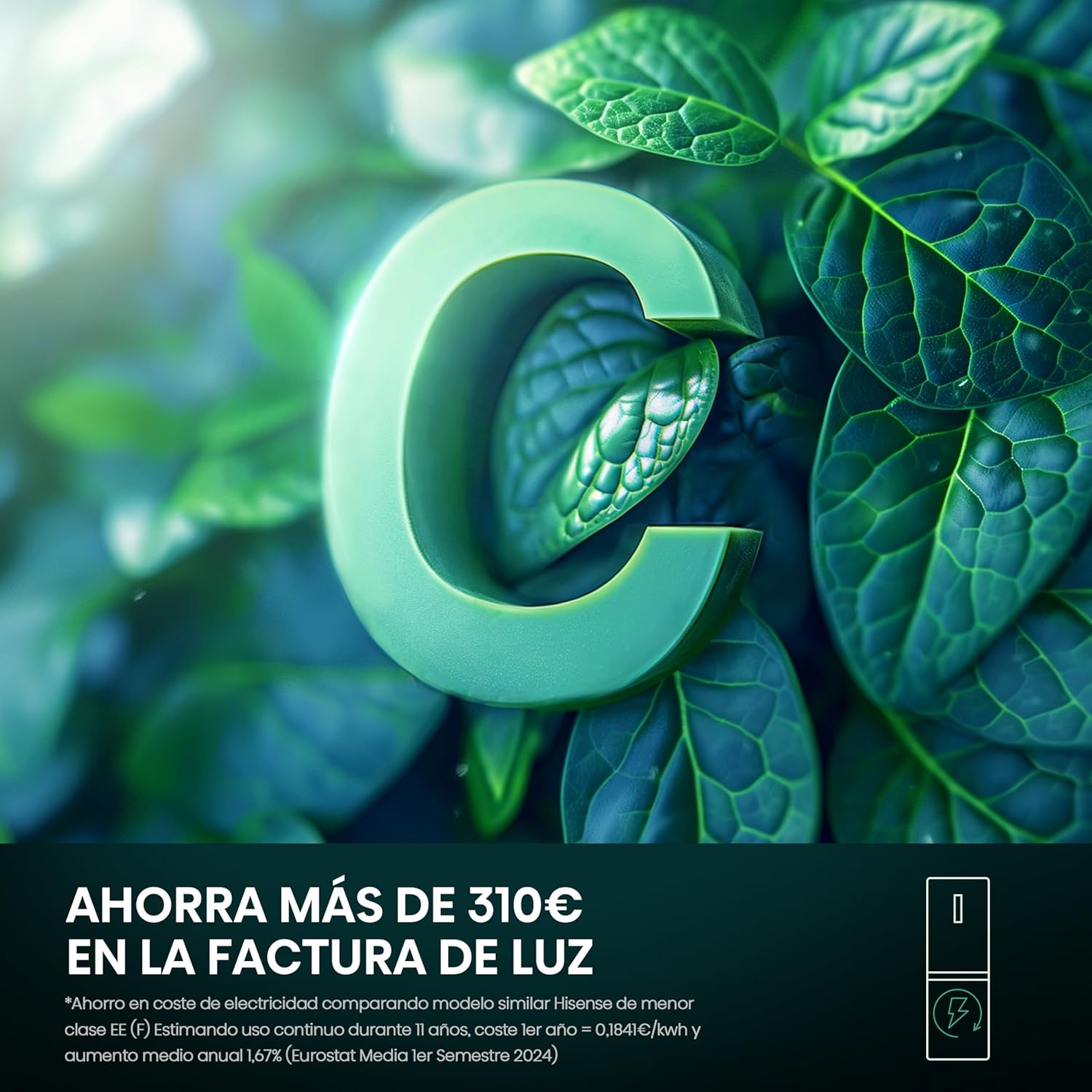 Hisense RB390N4BCC - Frigorífico Combi,No Frost, Inverter, Eficiente Clase C, Capacidad 304 L, 186 cm Al, Cajón Verduras, 4 Estrellas Congelador, Puerta Reversible, Silencioso 39dB, Color Blanco, Inox - 5