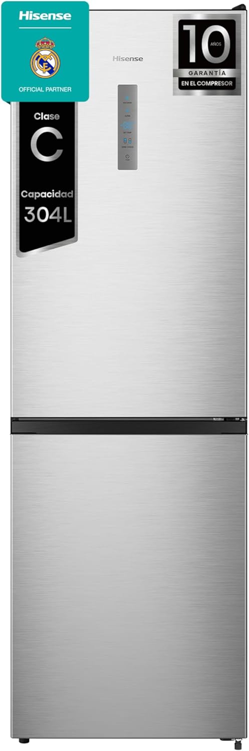 Hisense RB390N4BCC - Frigorífico Combi,No Frost, Inverter, Eficiente Clase C, Capacidad 304 L, 186 cm Al, Cajón Verduras, 4 Estrellas Congelador, Puerta Reversible, Silencioso 39dB, Color Blanco, Inox - 1