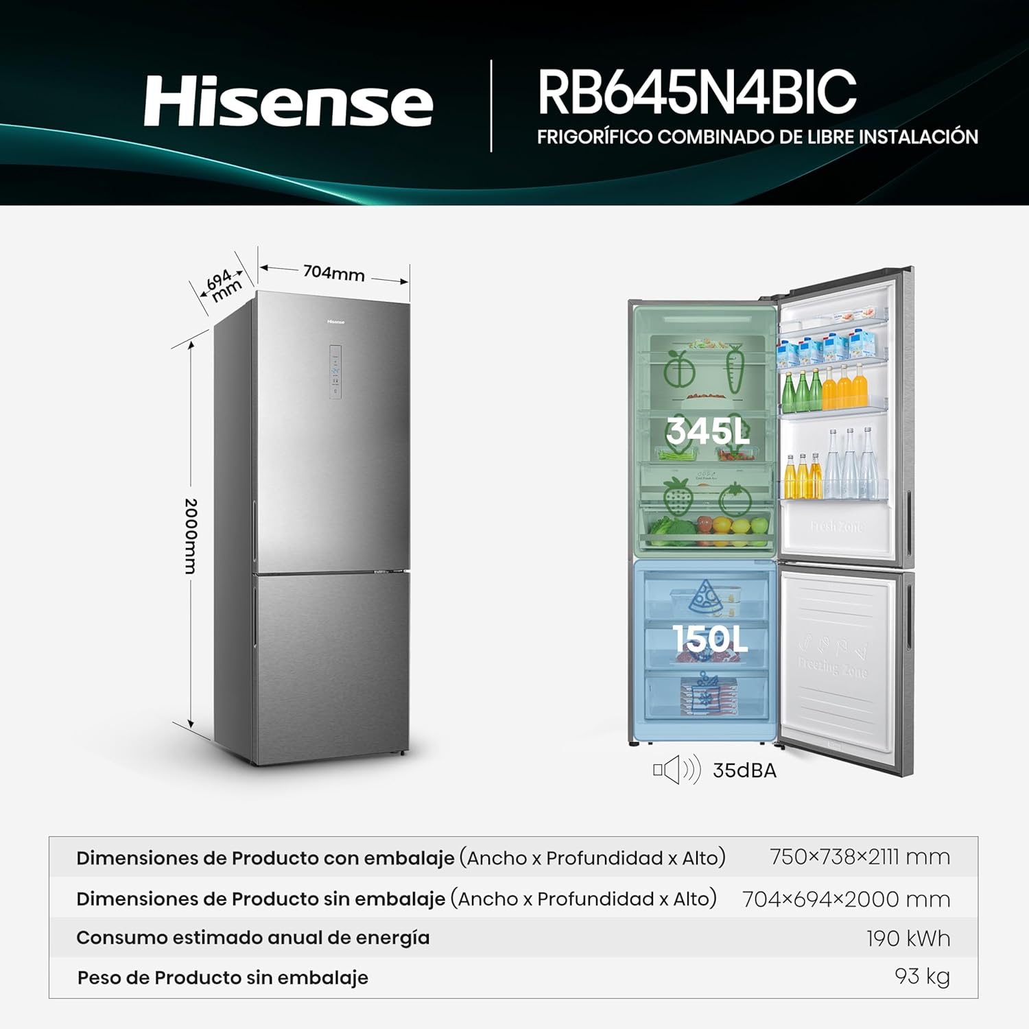 Hisense RB645N4BIC Frigorífico Combi 2 Puertas, Class C, 495 l, Alto 200 cm x Ancho 70.4 cm, Color Inox, Metal-Tech Cooling, Fresh Zone, Control de Humedad, Total No Frost, Iluminación LED - 2
