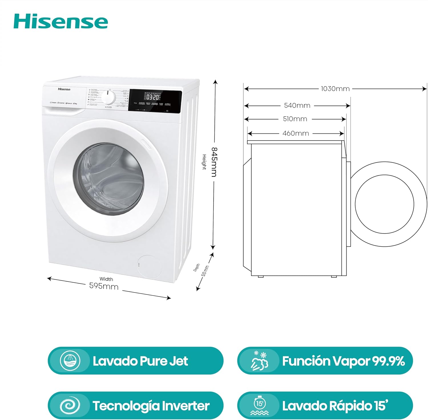 Hisense WDQE8014EVJM Lavadora Secadora 8+5 Kg, 1400 rpm, 15 Programas Automáticos, Vapor, Motor Inverter, Clase Eficiencia Energética D, Clase Eficiencia Lavado A, Pantalla LED, Programa Rápido - 2