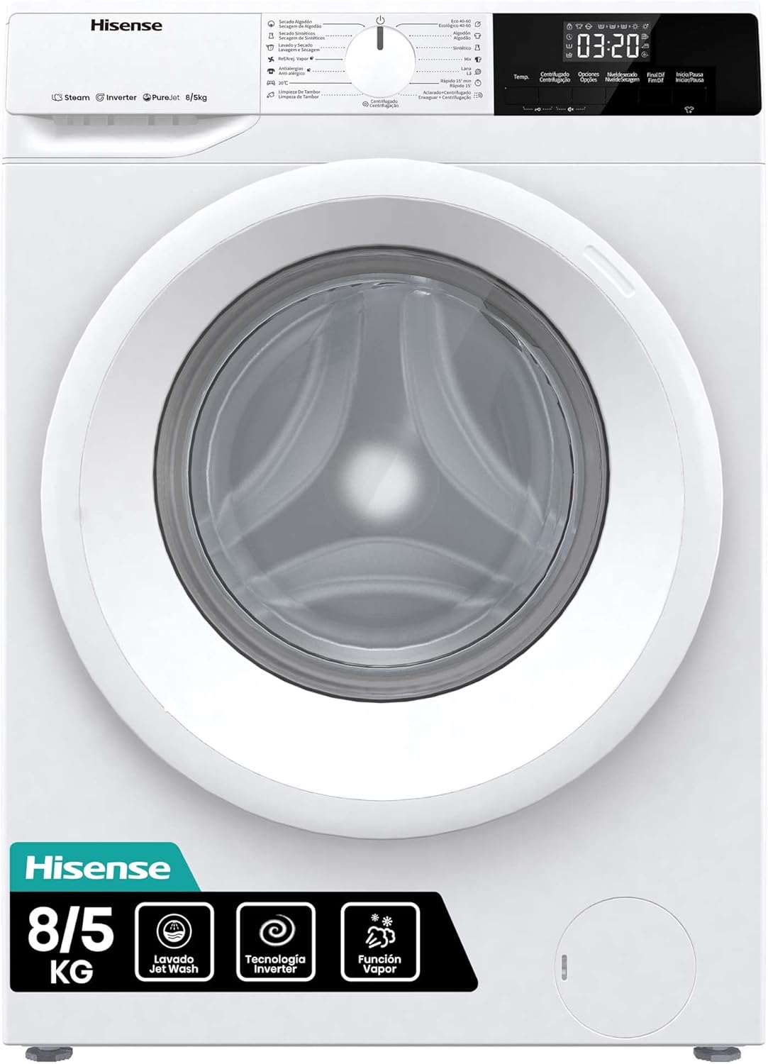 Hisense WDQE8014EVJM Lavadora Secadora 8+5 Kg, 1400 rpm, 15 Programas Automáticos, Vapor, Motor Inverter, Clase Eficiencia Energética D, Clase Eficiencia Lavado A, Pantalla LED, Programa Rápido - 1