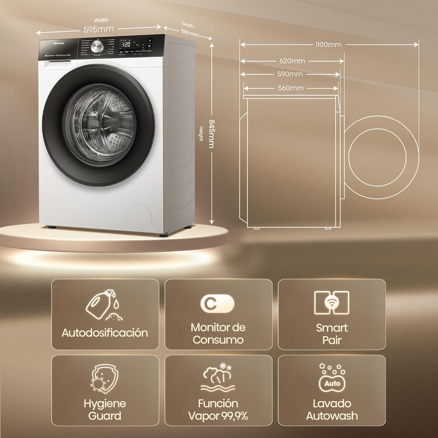 Hisense WF3S1045BW3 - Lavadora, Clase A, 10.5 kg, Auto Dosificación, Conectividad WiFi, Monitor de Consumo, Hygiene Guard, Función Vapor 99.9%, Lavado Rápido, PureJet, Blanco - 2