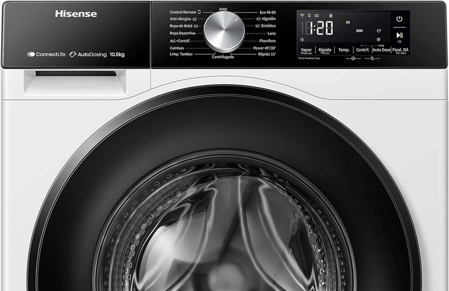 Hisense WF3S1045BW3 - Lavadora, Clase A, 10.5 kg, Auto Dosificación, Conectividad WiFi, Monitor de Consumo, Hygiene Guard, Función Vapor 99.9%, Lavado Rápido, PureJet, Blanco - 5