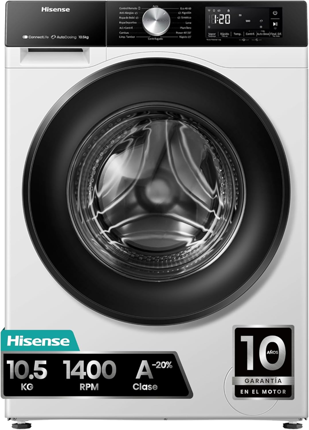 Hisense WF3S1045BW3 - Lavadora, Clase A, 10.5 kg, Auto Dosificación, Conectividad WiFi, Monitor de Consumo, Hygiene Guard, Función Vapor 99.9%, Lavado Rápido, PureJet, Blanco - 1