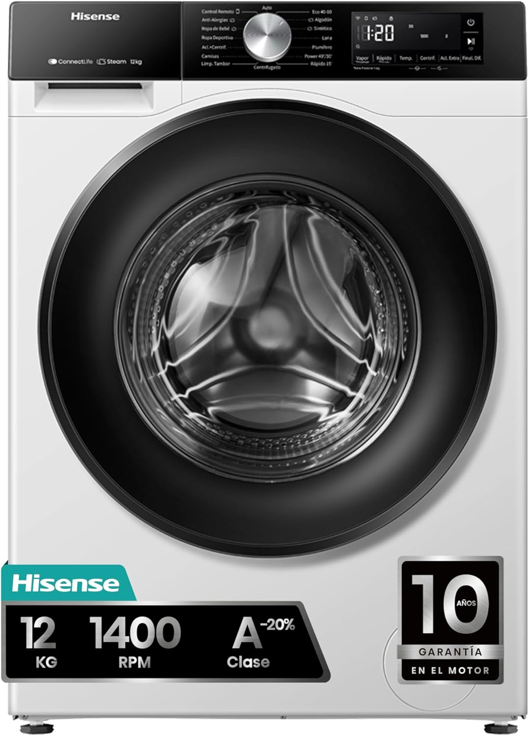 Hisense WF3S1243BW3, Lavadora, 12 Kg, Class A-20%/D, 1400 RPM, Ancho 60- cm, 19 Programas, PureJet, Blanco - 1