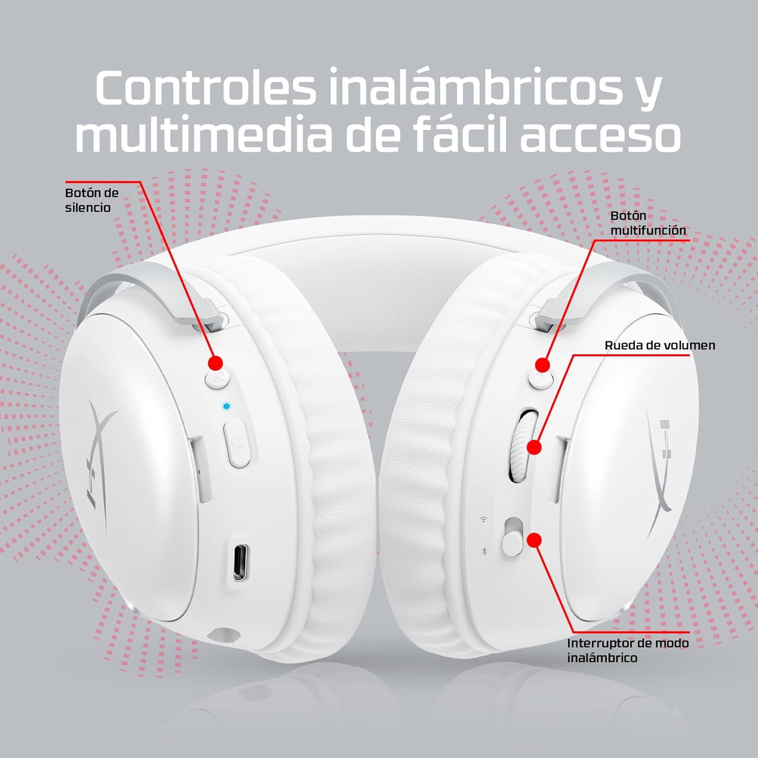 HyperX Cloud III S - Auriculares Gaming inalámbricos, Bluetooth, 2.4Ghz, PC, PS5, Xbox, Drivers 53 mm, DTS, micrófono 10mm, batería hasta 200h, Blanco - 4