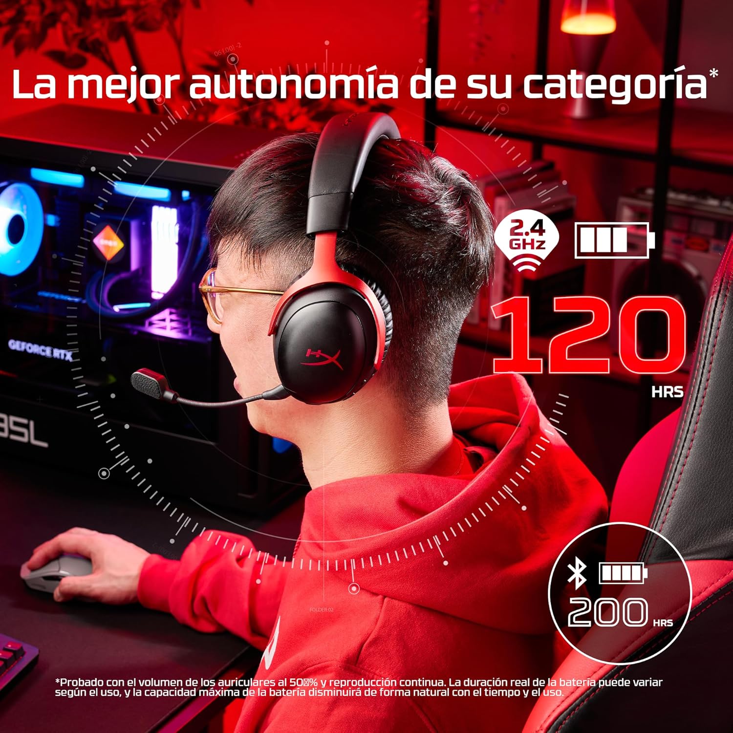 HyperX Cloud III S - Auriculares Gaming inalámbricos, Bluetooth, 2.4Ghz, PC, PS5, Xbox, Drivers 53 mm, DTS, micrófono 10mm, batería hasta 200h, Rojo-Negro - 2