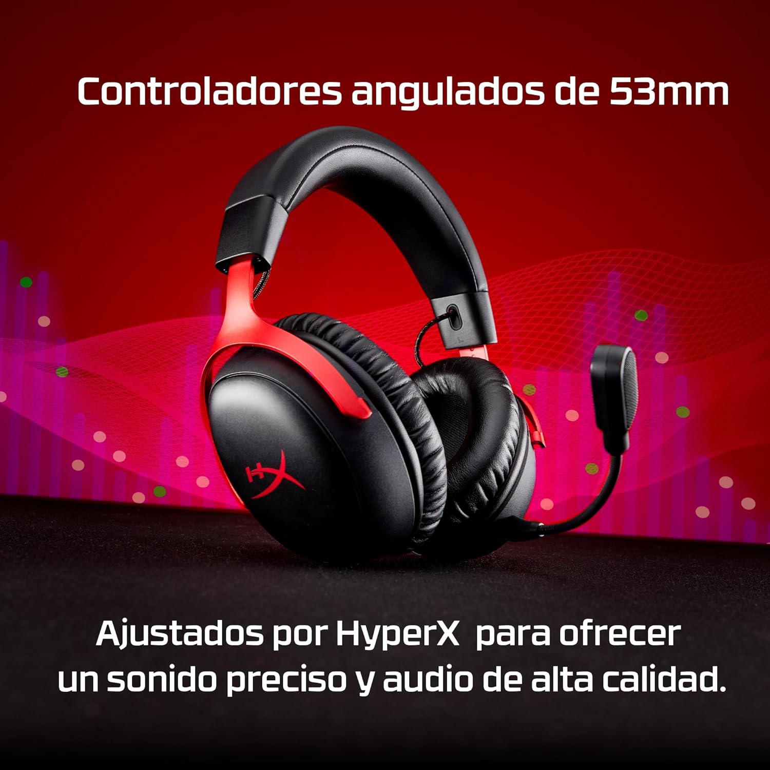 HyperX Cloud III S - Auriculares Gaming inalámbricos, Bluetooth, 2.4Ghz, PC, PS5, Xbox, Drivers 53 mm, DTS, micrófono 10mm, batería hasta 200h, Rojo-Negro - 4