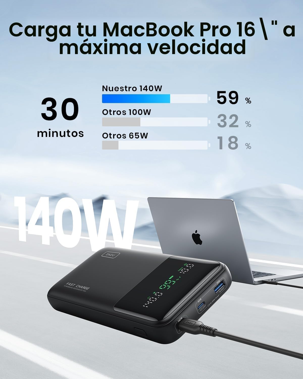INIU Power Bank, 27000mAh 140W Bateria Externa Carga Rapida, Bateria Portatil PD3.1 Powerbank USB C Input & Output Compatible con MacBook Pro Steam Deck iPhone 16 15 14 13 12 Pro MAX Plus iPad etc - 2