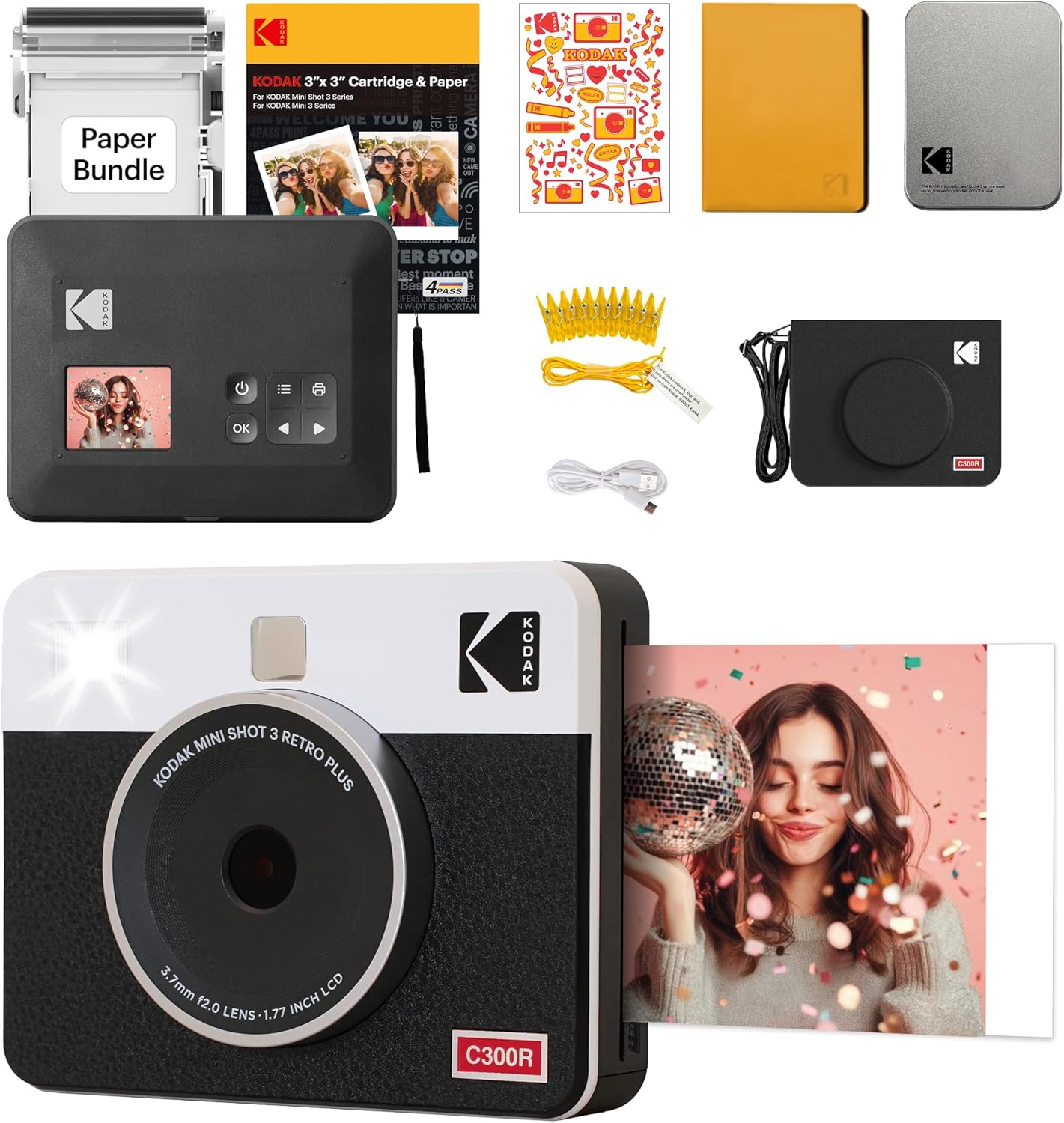 KODAK Mini Shot 3 Retro 4PASS 2-en-1 Cámara Instantánea e Impresora Fotográfica (7,6x7,6cm) + Paquete de Accesorios 68 Hojas, Blanco - 1