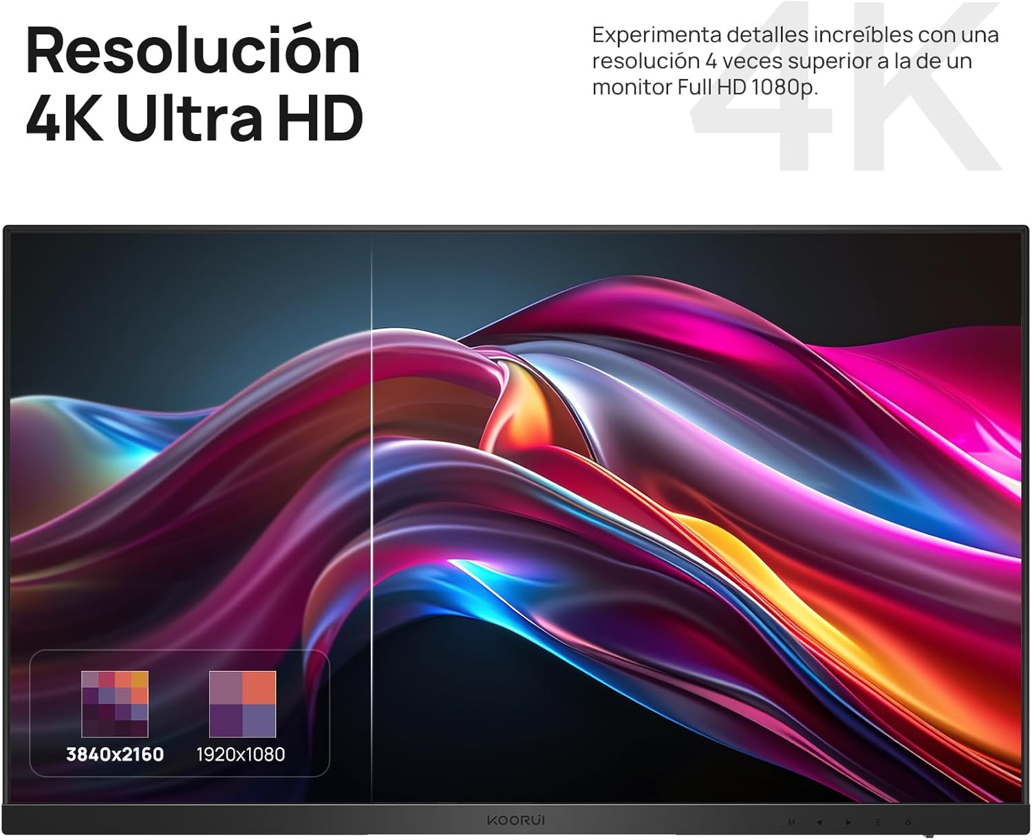 KOORUI N07 27" Monitor 4K UltraHD, 3840x2160, IPS, 60Hz, HDR10, Adaptive Sync, 2xHDMI 2.0, DP 1.4, 90% DCI-P3, Eye Care, -5° a 20° Inclinación Ajustable, VESA 100x100mm - 2