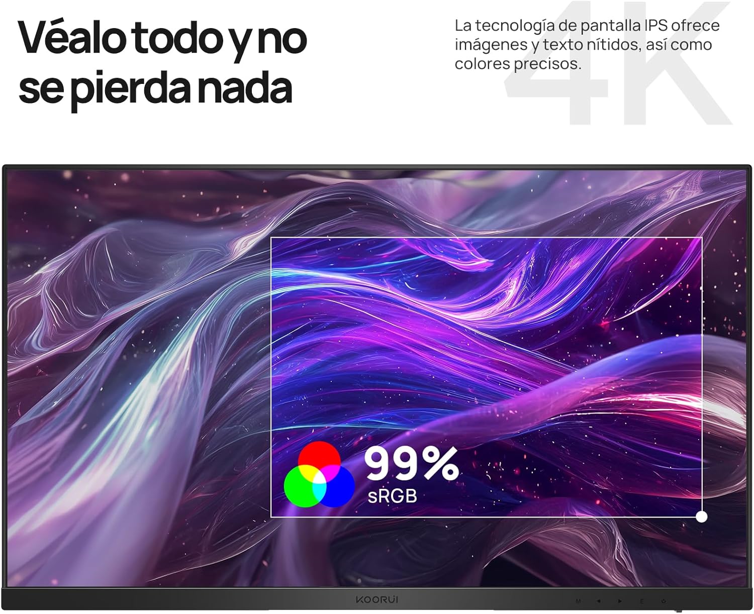 KOORUI N07 27" Monitor 4K UltraHD, 3840x2160, IPS, 60Hz, HDR10, Adaptive Sync, 2xHDMI 2.0, DP 1.4, 90% DCI-P3, Eye Care, -5° a 20° Inclinación Ajustable, VESA 100x100mm - 4