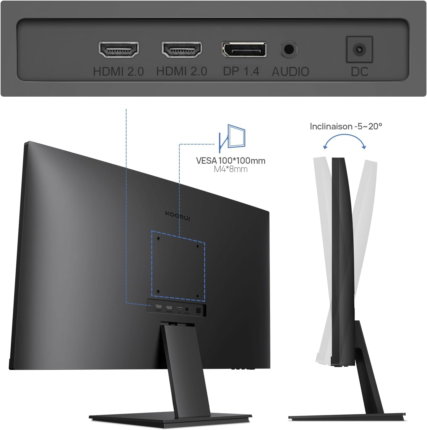 KOORUI N07 27" Monitor 4K UltraHD, 3840x2160, IPS, 60Hz, HDR10, Adaptive Sync, 2xHDMI 2.0, DP 1.4, 90% DCI-P3, Eye Care, -5° a 20° Inclinación Ajustable, VESA 100x100mm - 5