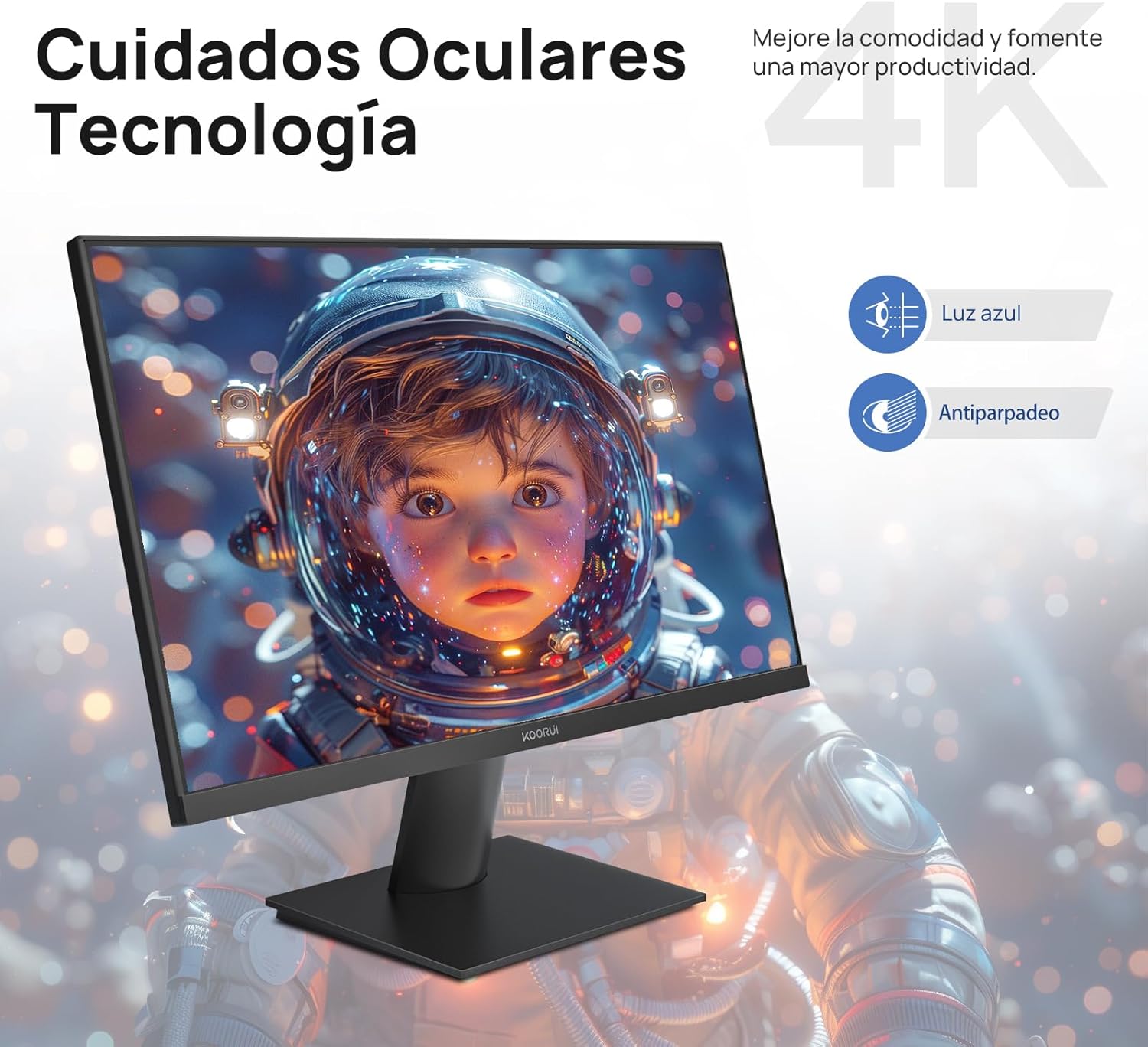 KOORUI N07 27" Monitor 4K UltraHD, 3840x2160, IPS, 60Hz, HDR10, Adaptive Sync, 2xHDMI 2.0, DP 1.4, 90% DCI-P3, Eye Care, -5° a 20° Inclinación Ajustable, VESA 100x100mm - 6