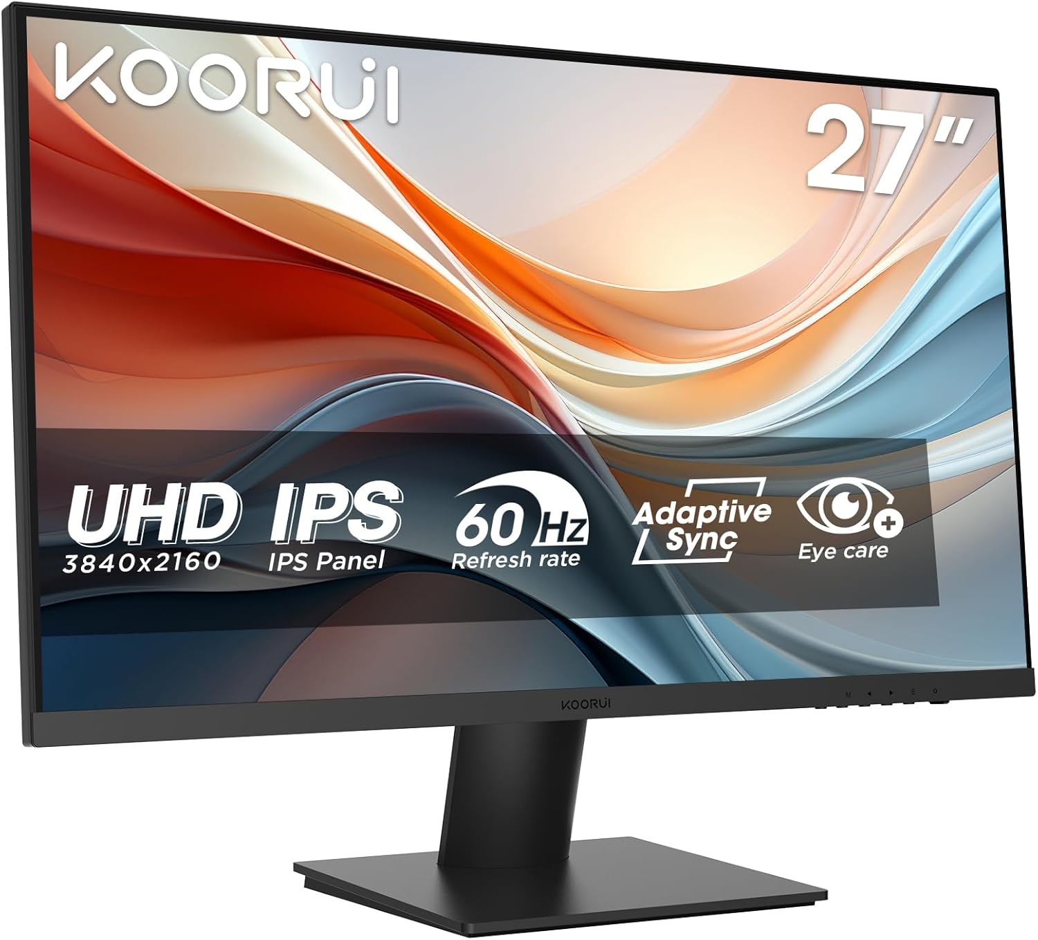 KOORUI N07 27" Monitor 4K UltraHD, 3840x2160, IPS, 60Hz, HDR10, Adaptive Sync, 2xHDMI 2.0, DP 1.4, 90% DCI-P3, Eye Care, -5° a 20° Inclinación Ajustable, VESA 100x100mm - 1