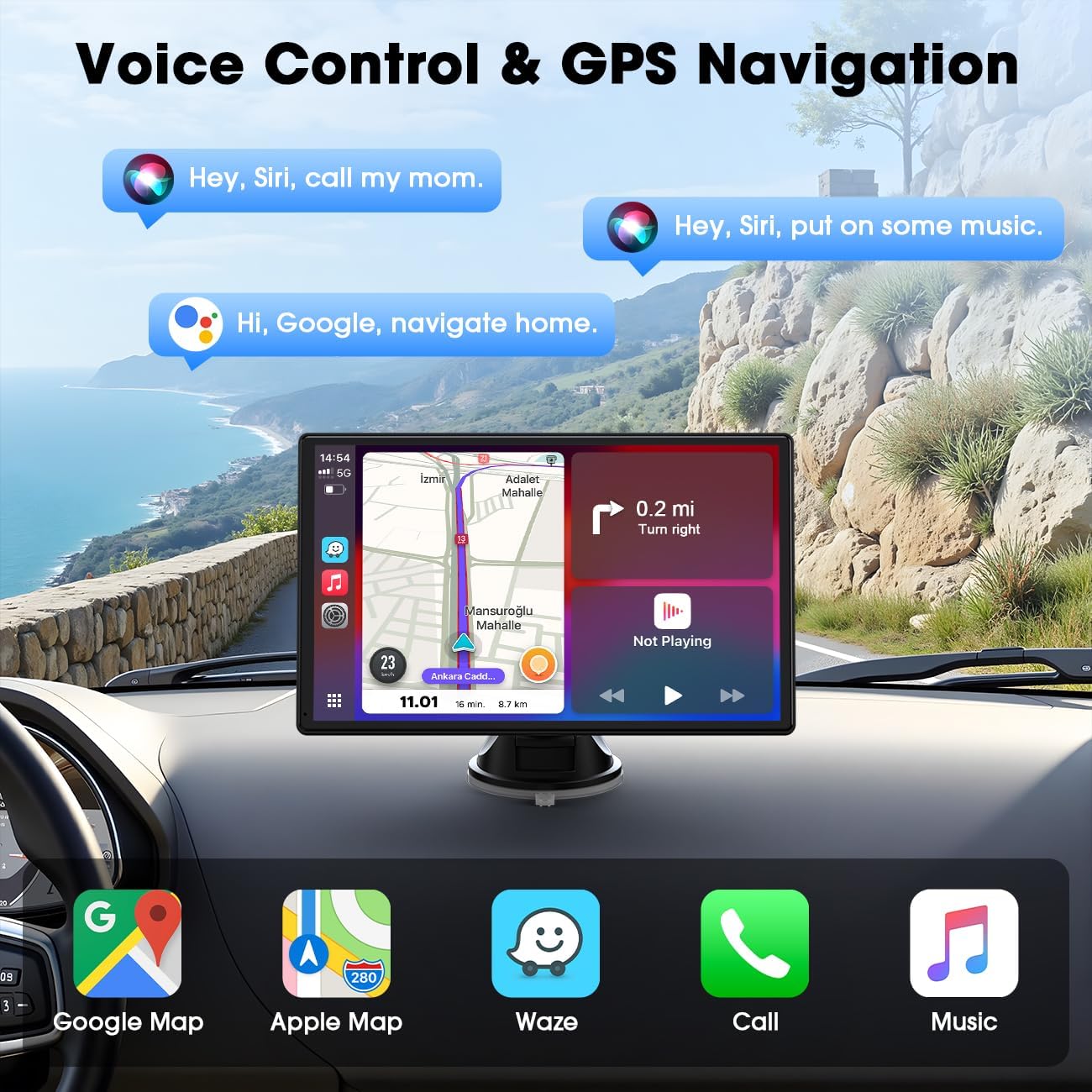 LAMTTO Pantalla CarPlay Coche Inalámbrica de 9 Pulgadas para A-pple CarPlay & Android Auto, Autoradio Portátil Car Play con Pantalla Táctil, GPS, Bluetooth, Mirror Link, FM, Siri & G00gle Asistente - 3