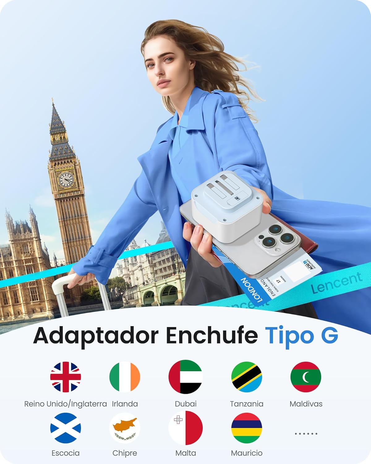 LENCENT Adaptador Enchufe Reino Unido, Cargador Inglaterra Viaje con 2 USB-C y 2 USB-A, Adaptador Europa Portugal a UK Compacto Plegable para Escocia, Irlanda, Gales, Maldivas, Gran Bretaña, Tipo G - 2