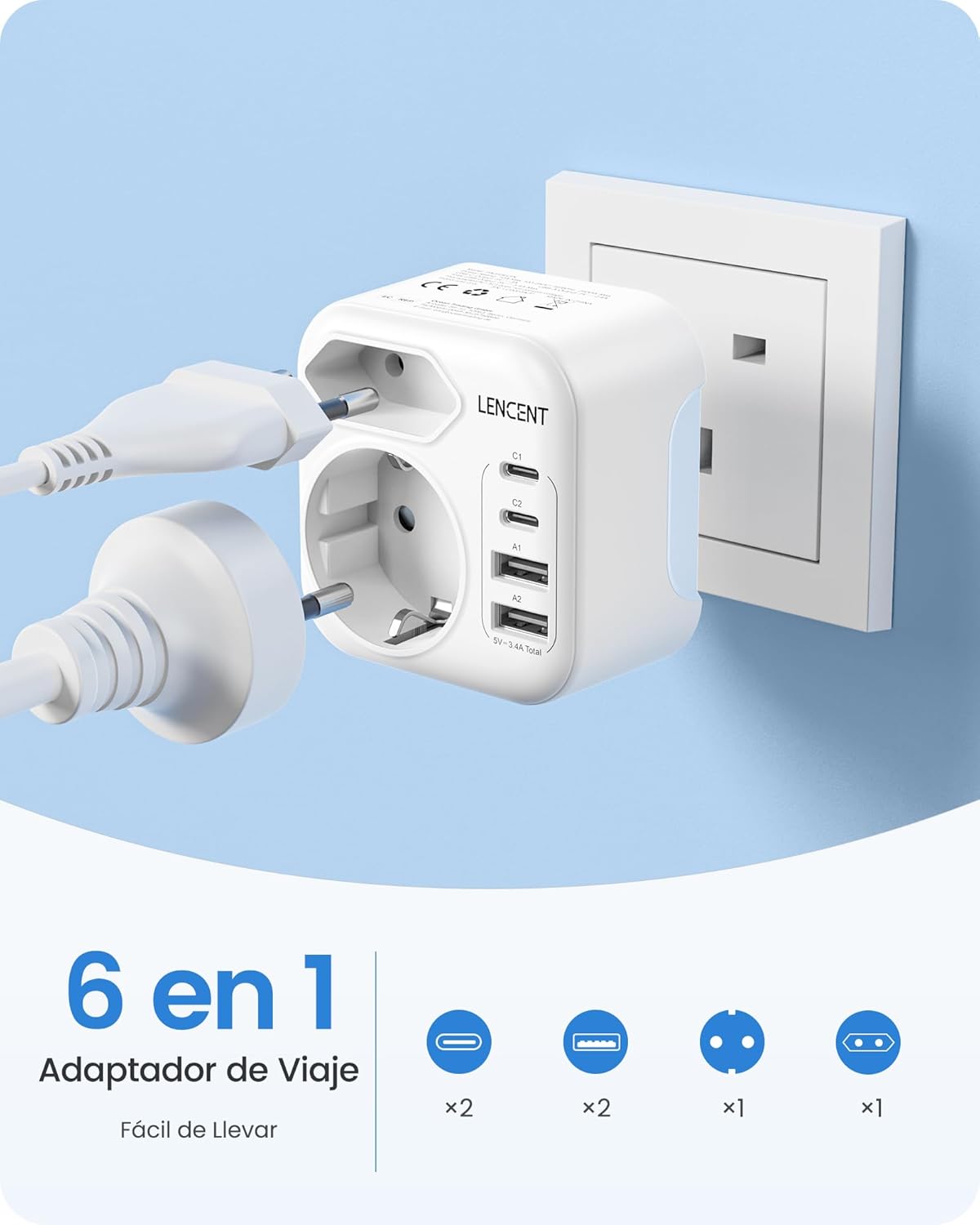 LENCENT Adaptador Enchufe Reino Unido, Cargador Inglaterra Viaje con 2 USB-C y 2 USB-A, Adaptador Europa Portugal a UK Compacto Plegable para Escocia, Irlanda, Gales, Maldivas, Gran Bretaña, Tipo G - 3