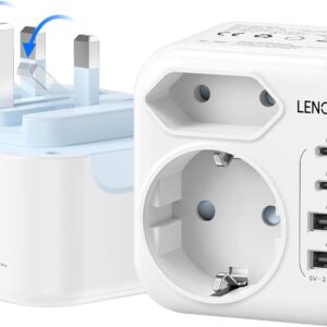 LENCENT Adaptador Enchufe Reino Unido, Cargador Inglaterra Viaje con 2 USB-C y 2 USB-A, Adaptador Europa Portugal a UK Compacto Plegable para Escocia, Irlanda, Gales, Maldivas, Gran Bretaña, Tipo G