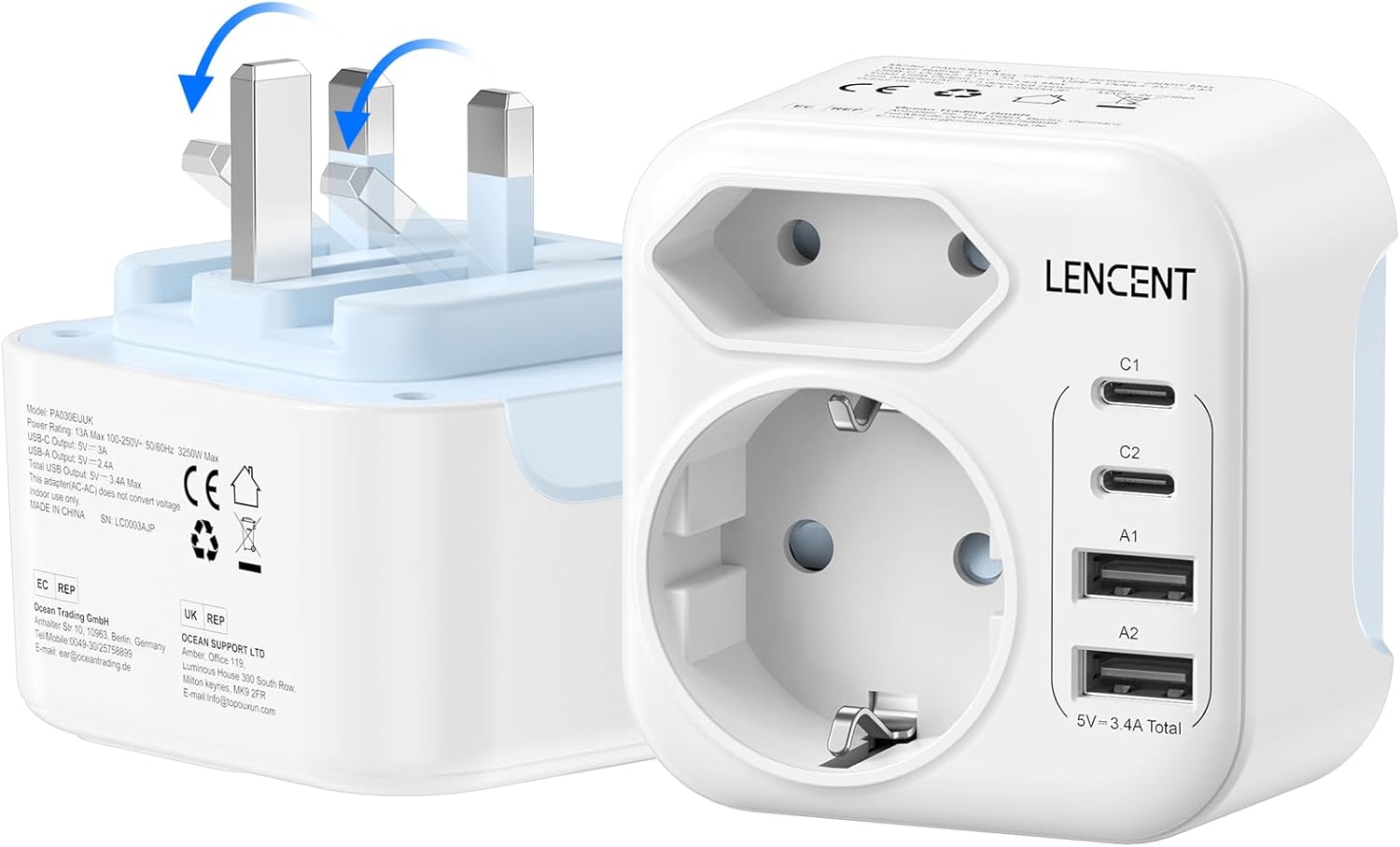 LENCENT Adaptador Enchufe Reino Unido, Cargador Inglaterra Viaje con 2 USB-C y 2 USB-A, Adaptador Europa Portugal a UK Compacto Plegable para Escocia, Irlanda, Gales, Maldivas, Gran Bretaña, Tipo G - 1