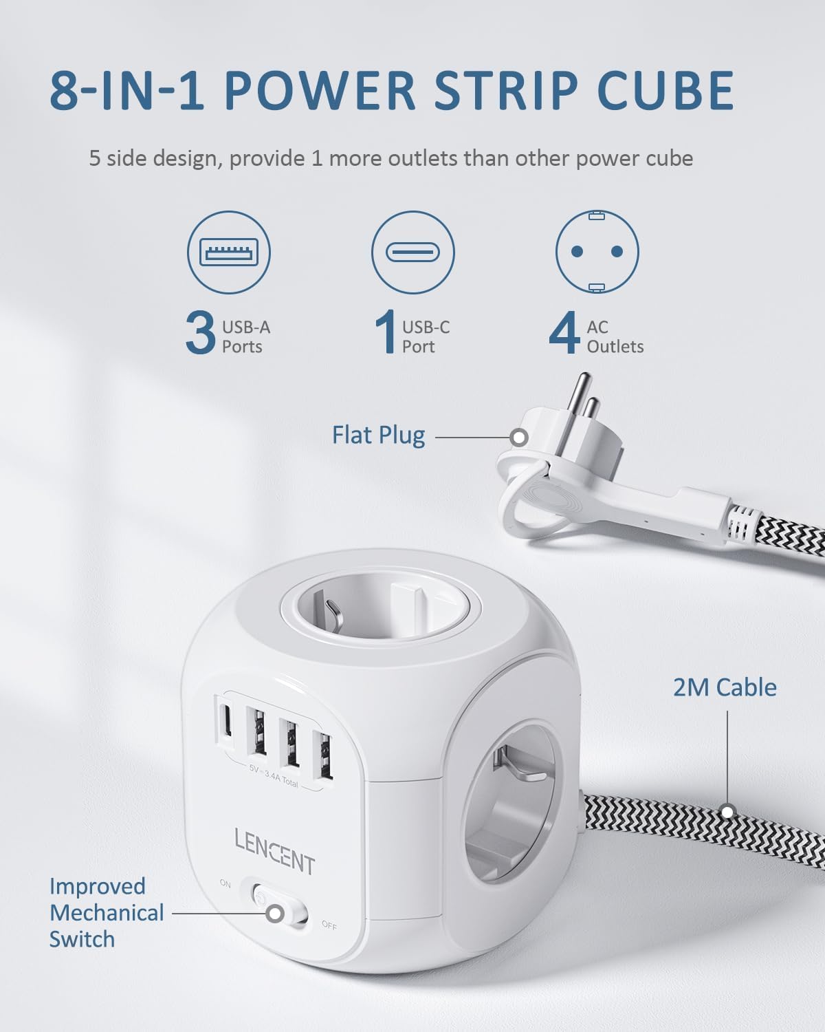LENCENT Cubo Regleta Enchufes 2M con Enchufe Plano Regleta para Uso Interior, Regleta Enchufes Plano con 4 Tomas de CA, 3 USB y 1 Tipo C para Familia, Cocina y Oficina - 2