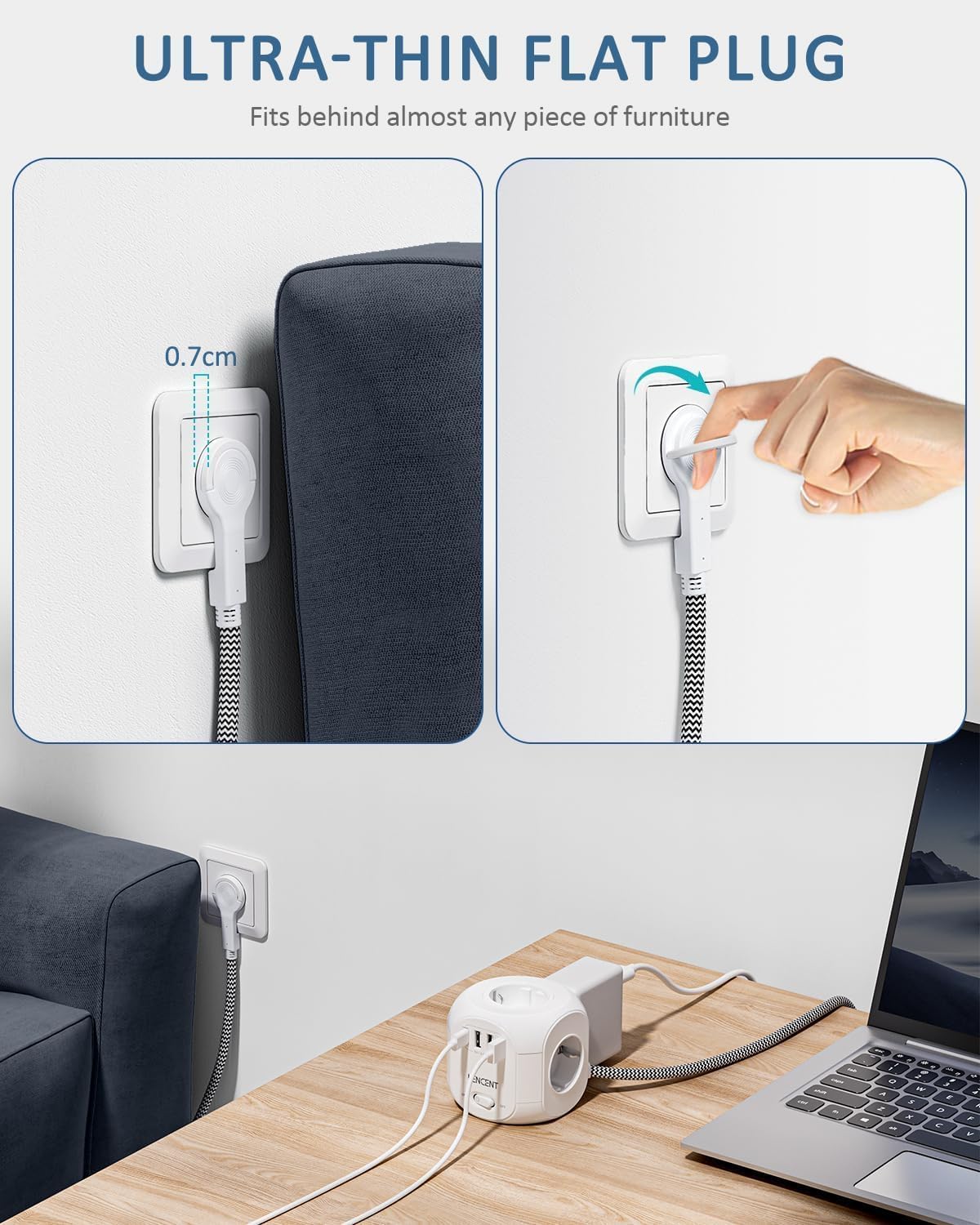 LENCENT Cubo Regleta Enchufes 2M con Enchufe Plano Regleta para Uso Interior, Regleta Enchufes Plano con 4 Tomas de CA, 3 USB y 1 Tipo C para Familia, Cocina y Oficina - 3