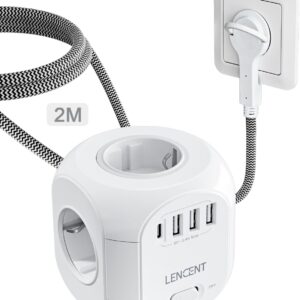 LENCENT Cubo Regleta Enchufes 2M con Enchufe Plano Regleta para Uso Interior, Regleta Enchufes Plano con 4 Tomas de CA, 3 USB y 1 Tipo C para Familia, Cocina y Oficina
