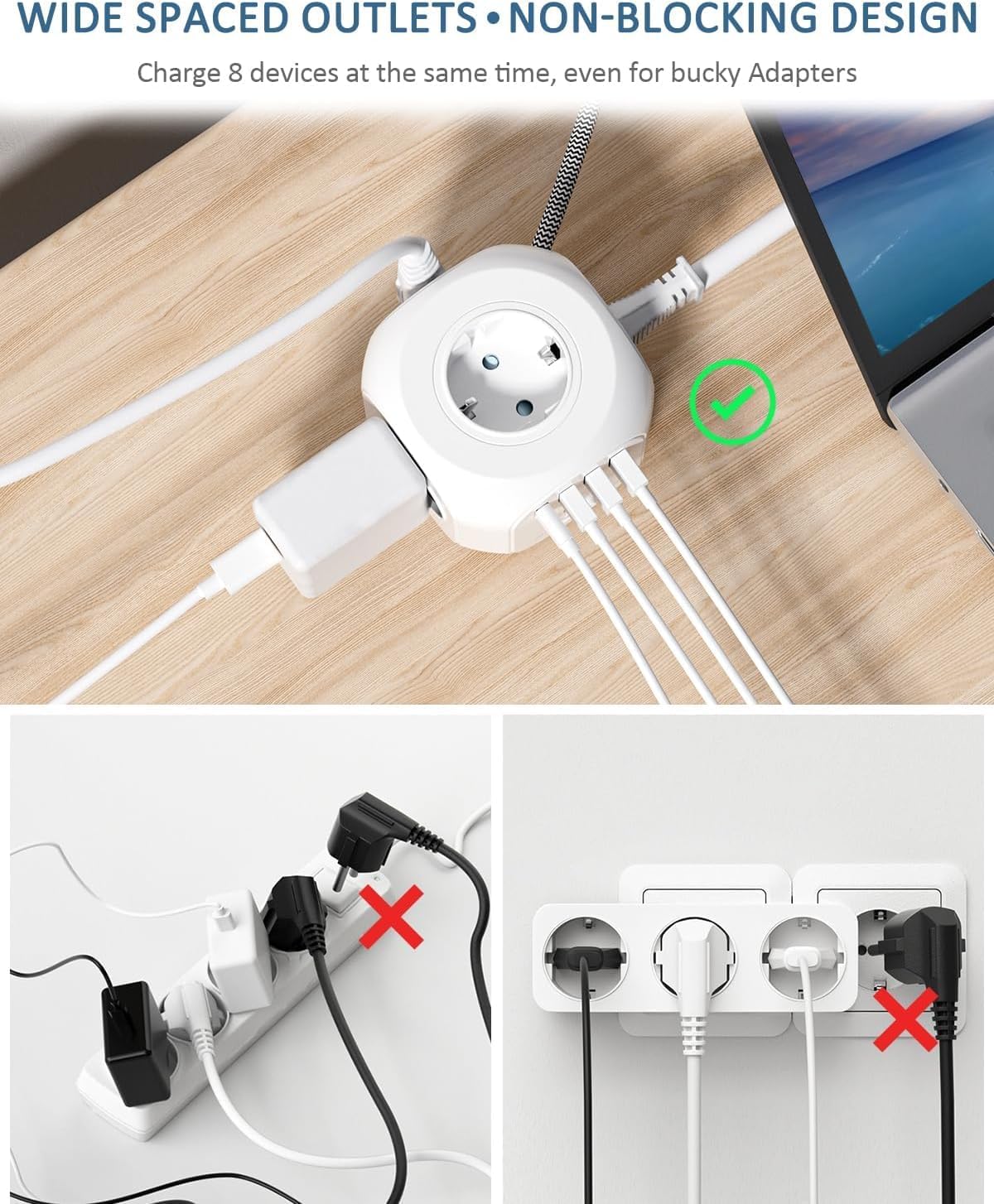 LENCENT Cubo Regleta Enchufes 2M con Enchufe Plano Regleta para Uso Interior, Regleta Enchufes Plano con 4 Tomas de CA, 3 USB y 1 Tipo C para Familia, Cocina y Oficina - 5