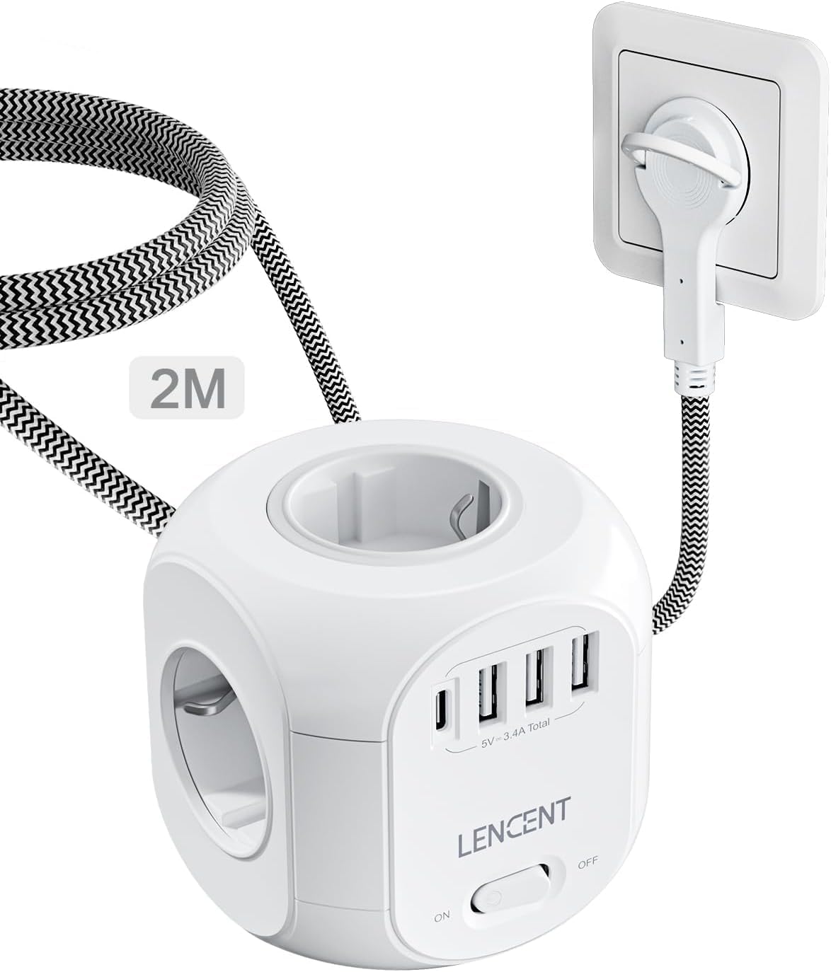 LENCENT Cubo Regleta Enchufes 2M con Enchufe Plano Regleta para Uso Interior, Regleta Enchufes Plano con 4 Tomas de CA, 3 USB y 1 Tipo C para Familia, Cocina y Oficina - 1
