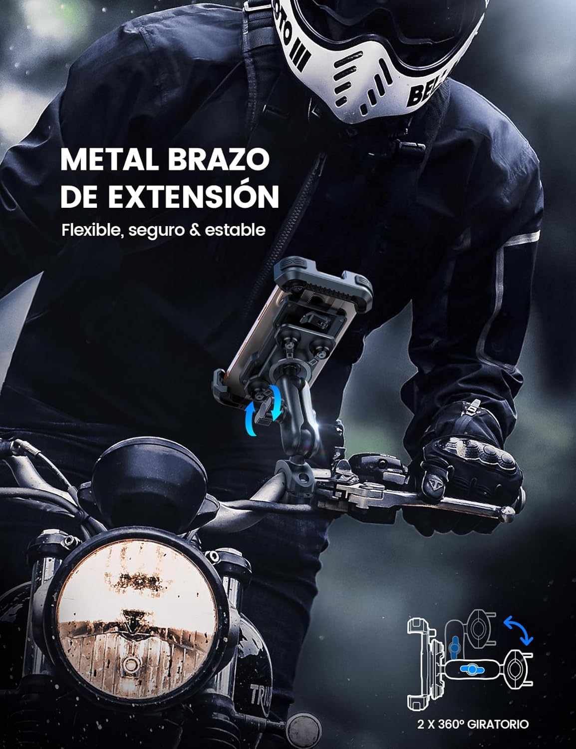 Lamicall Soporte Móvil Moto - [Doble Antivibración] Brazo Extensible Metálico, Soporte Móvil Bicicleta Antirrobo, 2 x 360° Giratorio Soporte de Manillar, para iPhone 17 16 15 y Smartphone de 4,7-6,8" - 2