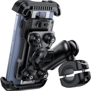 Lamicall Soporte Móvil Moto - [Doble Antivibración] Brazo Extensible Metálico, Soporte Móvil Bicicleta Antirrobo, 2 x 360° Giratorio Soporte de Manillar, para iPhone 17 16 15 y Smartphone de 4,7-6,8"