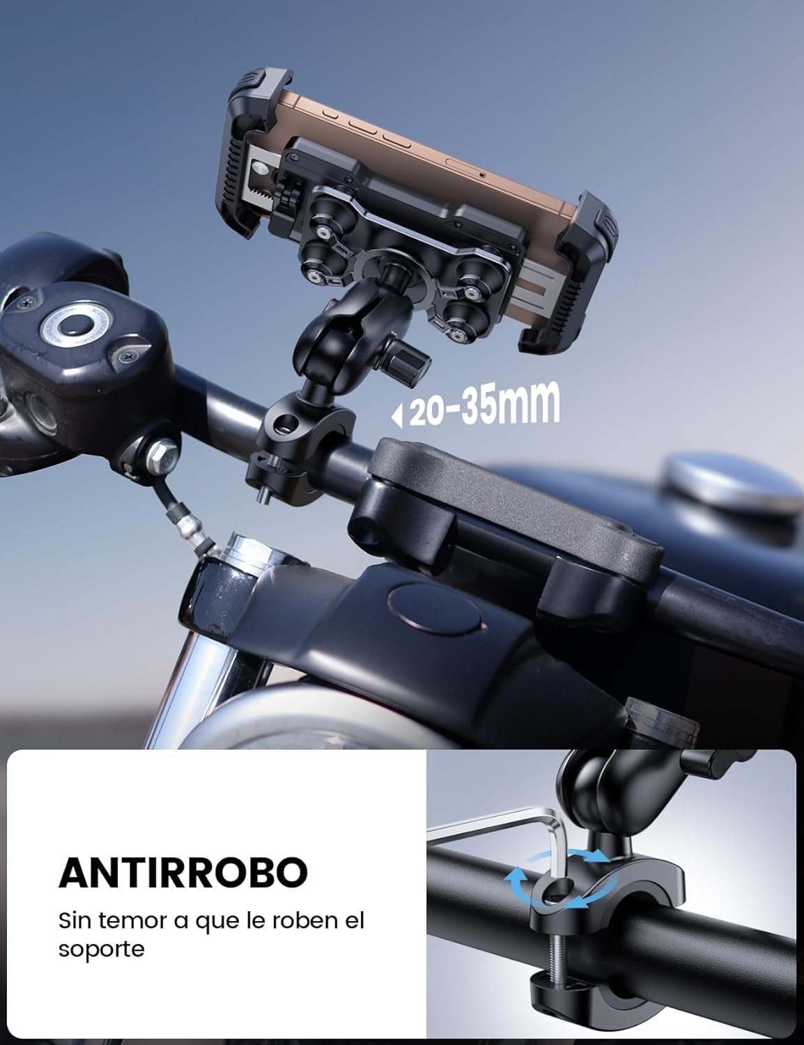 Lamicall Soporte Móvil Moto - [Doble Antivibración] Brazo Extensible Metálico, Soporte Móvil Bicicleta Antirrobo, 2 x 360° Giratorio Soporte de Manillar, para iPhone 17 16 15 y Smartphone de 4,7-6,8" - 4