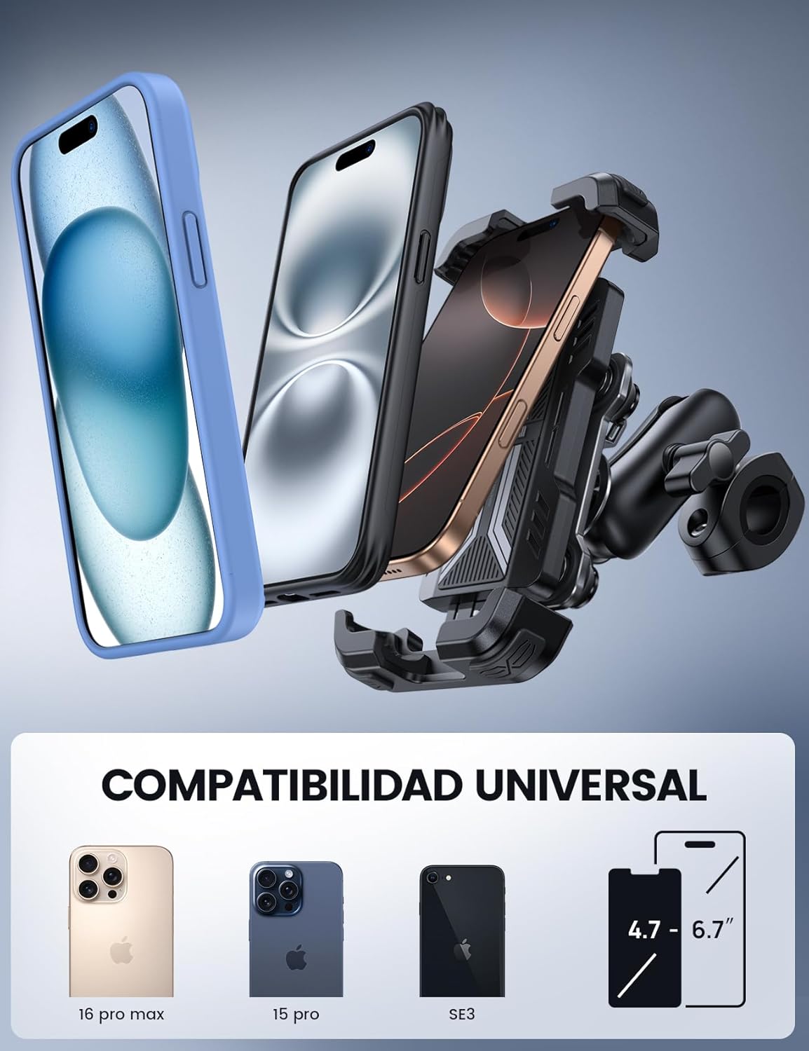 Lamicall Soporte Móvil Moto - [Doble Antivibración] Brazo Extensible Metálico, Soporte Móvil Bicicleta Antirrobo, 2 x 360° Giratorio Soporte de Manillar, para iPhone 17 16 15 y Smartphone de 4,7-6,8" - 5