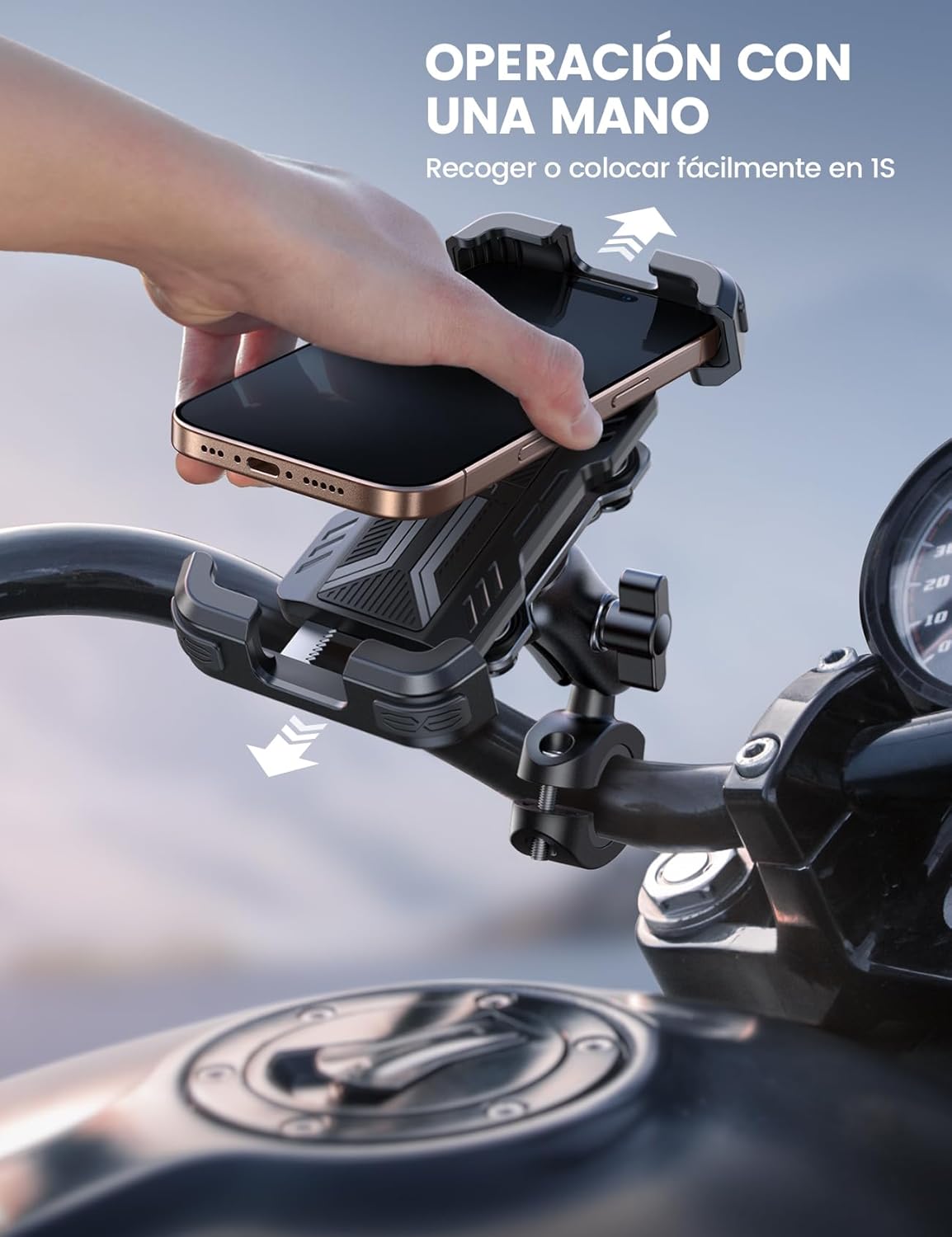 Lamicall Soporte Móvil Moto - [Doble Antivibración] Brazo Extensible Metálico, Soporte Móvil Bicicleta Antirrobo, 2 x 360° Giratorio Soporte de Manillar, para iPhone 17 16 15 y Smartphone de 4,7-6,8" - 6