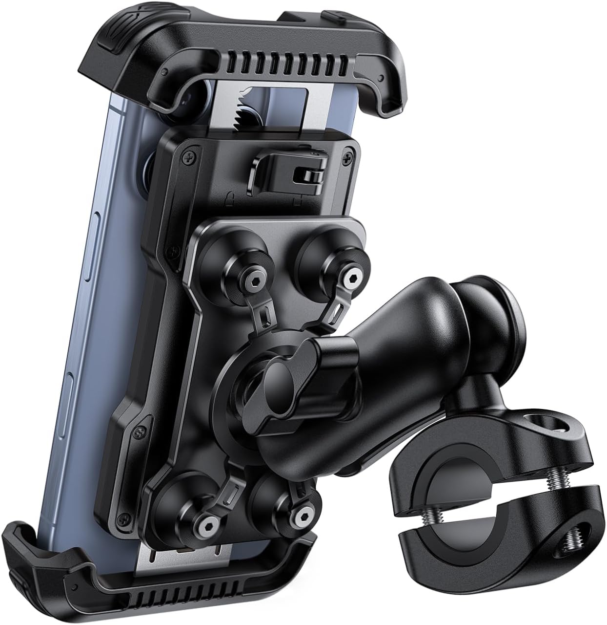 Lamicall Soporte Móvil Moto - [Doble Antivibración] Brazo Extensible Metálico, Soporte Móvil Bicicleta Antirrobo, 2 x 360° Giratorio Soporte de Manillar, para iPhone 17 16 15 y Smartphone de 4,7-6,8" - 1