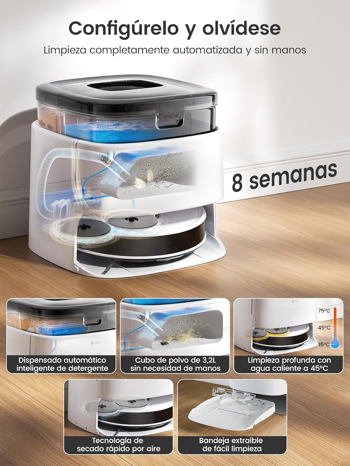 Lefant M3 Robot Aspirador y Fregasuelos, 12 000Pa Suction, 220min, Navegación dToF, Evitación Obstáculos PSD 190°, Fregona Dual Giratoria, Estación de Auto-Vaciado, Blanco - 2