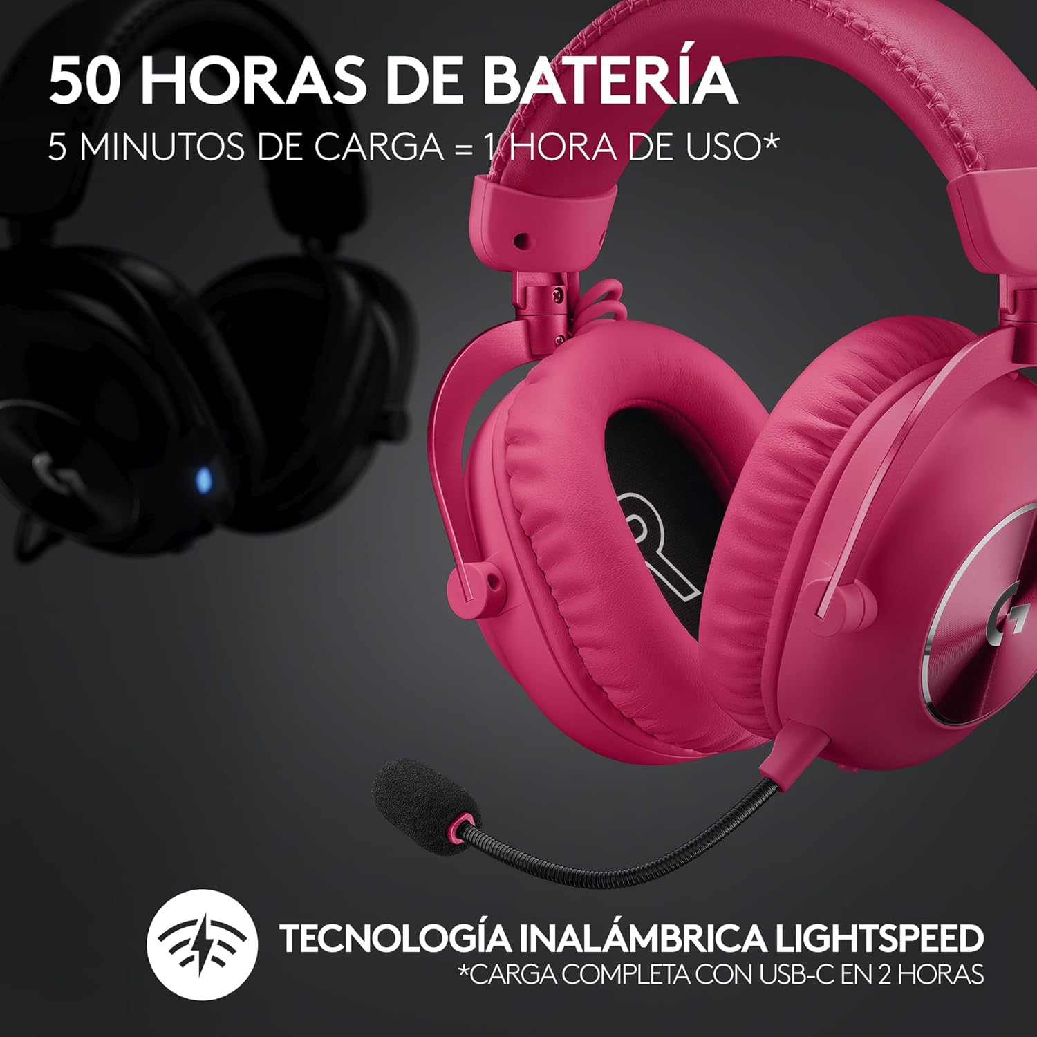 Logitech G PRO X 2 LIGHTSPEED Auriculares gaming inalámbricos, mic. brazo desmont., transductores grafeno 50 mm, DTS:X 2.0-7.1 Surround, Bluetooth/USB/3.5 mm Aux, PC, PS5, PS4, Nintendo Switch-Magenta - 3