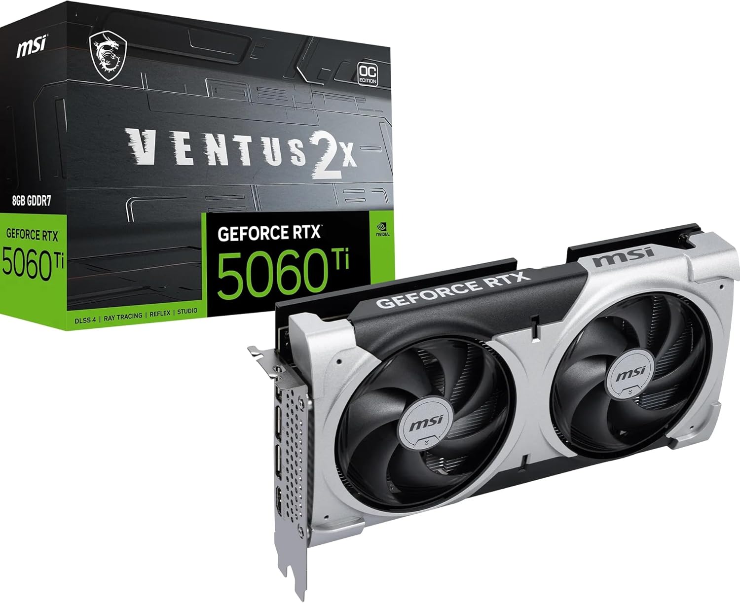 MSI GeForce RTX 5060 Ti 8G Ventus 2X OC Plus Tarjeta gráfica, RTX 5060 Ti, 8 GB GDDR7 (28 Gbps/128 bits), PCIe 5.0 - Diseño térmico de Doble Ventilador (2 x Ventilador STORMFORCE) - HDMI 2.1b - 1