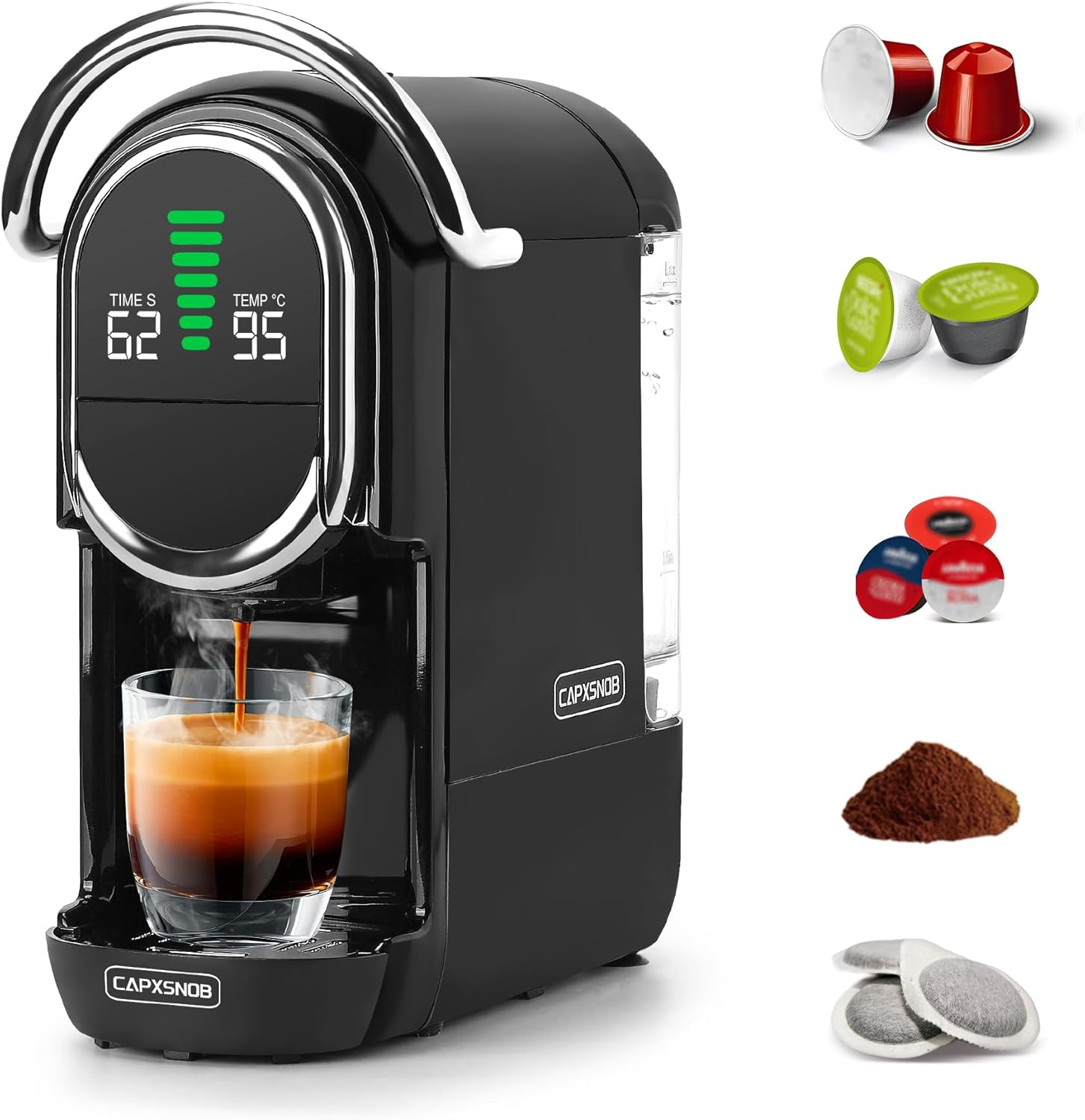 Magician1 Mini 5en1 Cafetera Cápsulas para Nespresso Original, Dolce Gusto, Lavazza A Modo Mio, ESE 44 y Café Molido, 20 Bares, 1450W, Pantalla LED, Máquina de Café Expreso Caliente o Frío - 2