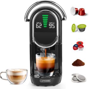 Magician1 Mini 5en1 Cafetera Cápsulas para Nespresso Original, Dolce Gusto, Lavazza A Modo Mio, ESE 44 y Café Molido, 20 Bares, 1450W, Pantalla LED, Máquina de Café Expreso Caliente o Frío
