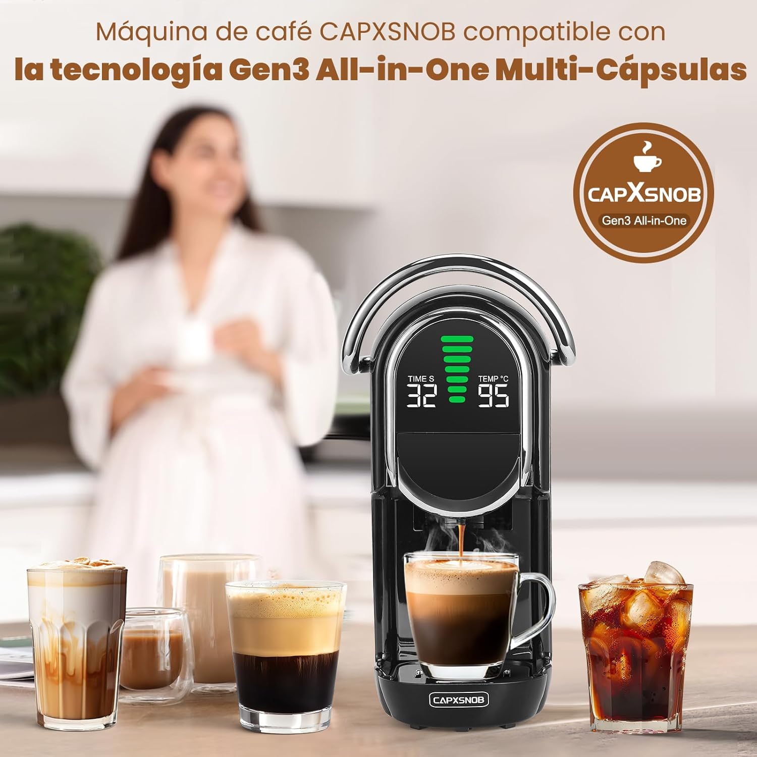 Magician1 Mini 5en1 Cafetera Cápsulas para Nespresso Original, Dolce Gusto, Lavazza A Modo Mio, ESE 44 y Café Molido, 20 Bares, 1450W, Pantalla LED, Máquina de Café Expreso Caliente o Frío - 5