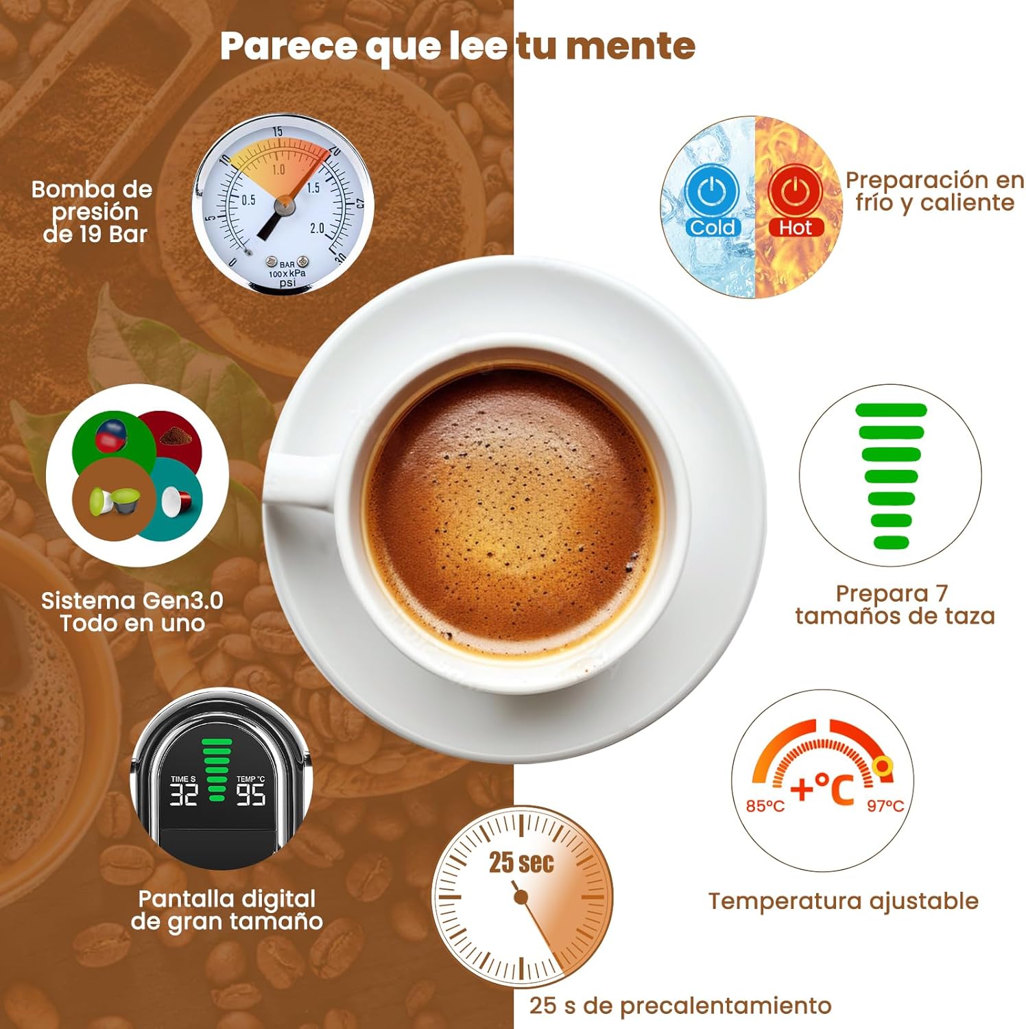 Magician1 Mini 5en1 Cafetera Cápsulas para Nespresso Original, Dolce Gusto, Lavazza A Modo Mio, ESE 44 y Café Molido, 20 Bares, 1450W, Pantalla LED, Máquina de Café Expreso Caliente o Frío - 6