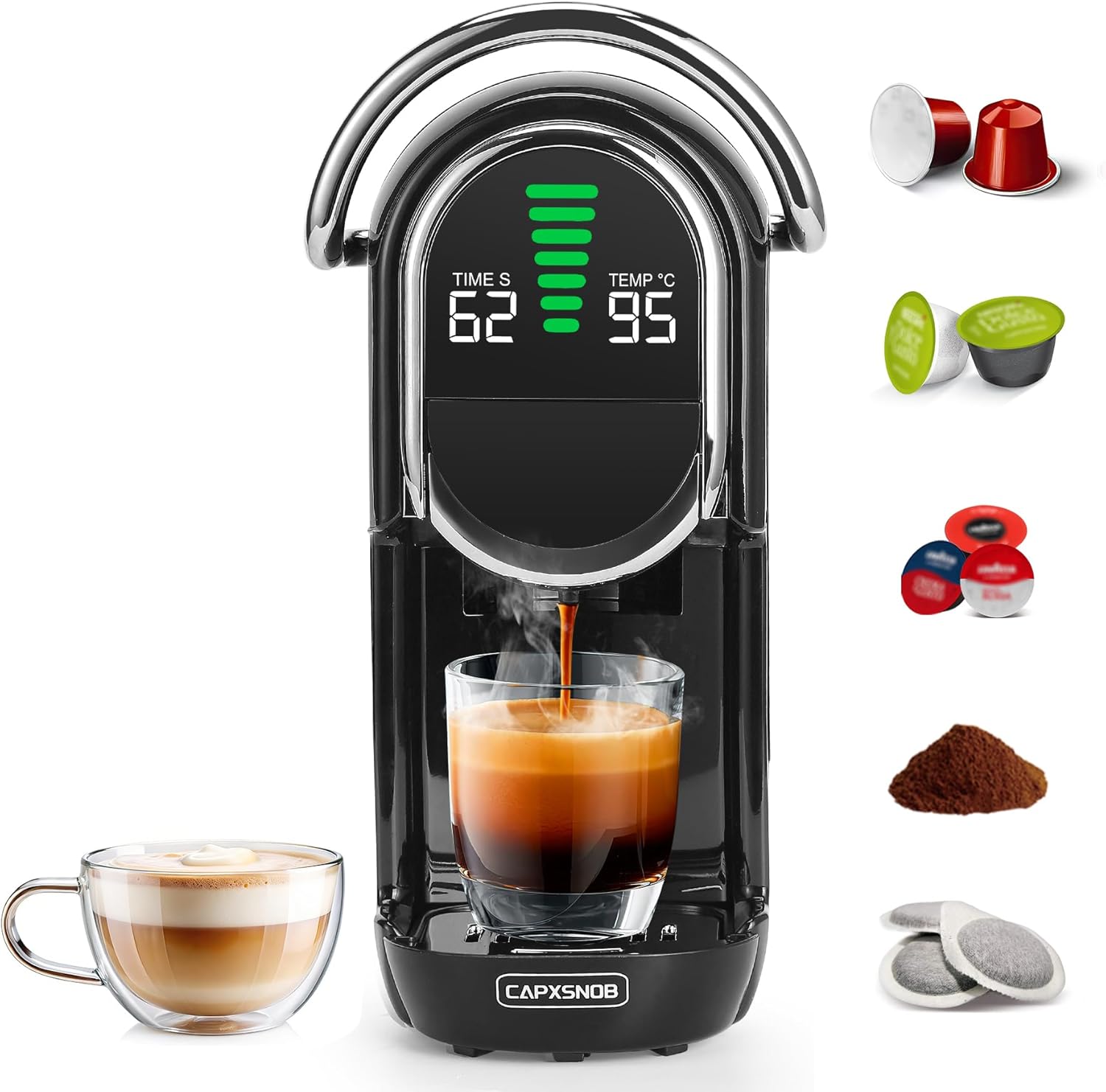 Magician1 Mini 5en1 Cafetera Cápsulas para Nespresso Original, Dolce Gusto, Lavazza A Modo Mio, ESE 44 y Café Molido, 20 Bares, 1450W, Pantalla LED, Máquina de Café Expreso Caliente o Frío - 1