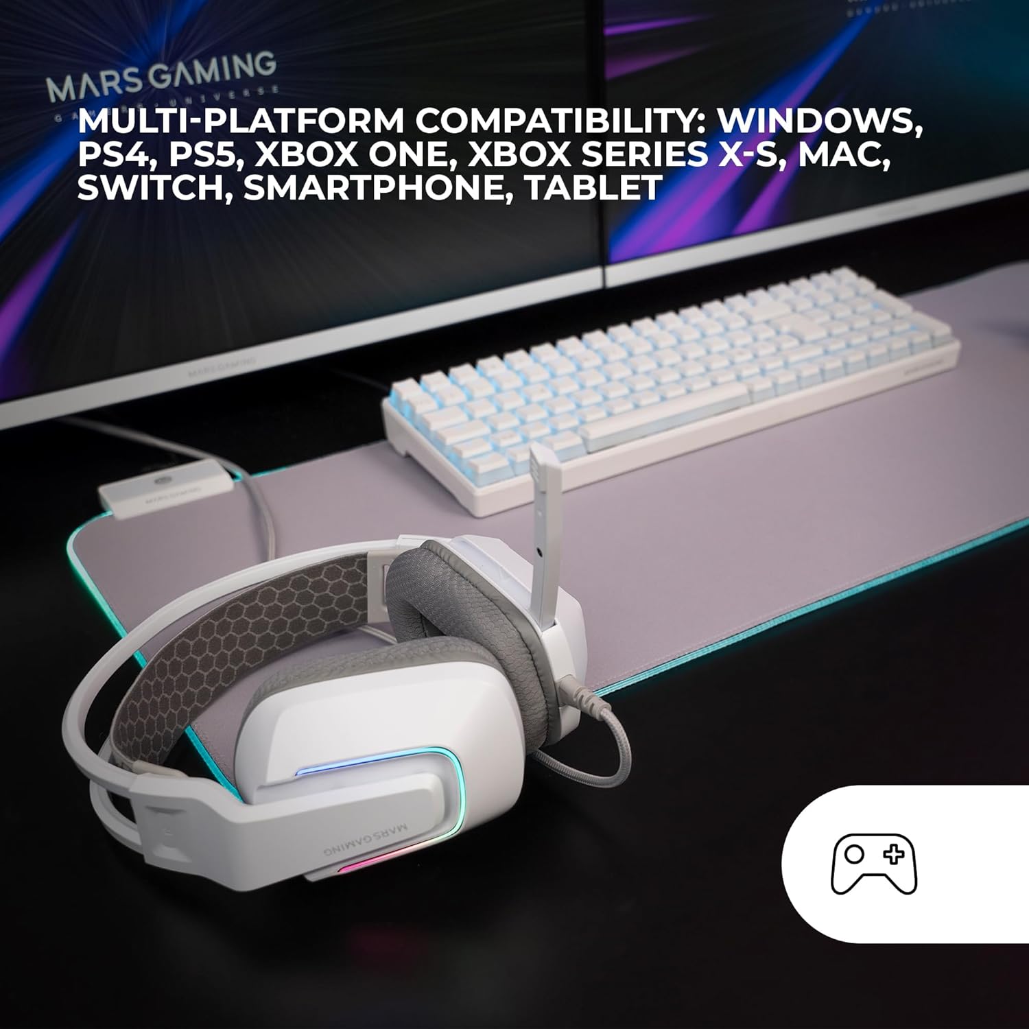 Mars Gaming MH-STRIKE, Auriculares Gaming FRGB Rainbow, Diseño Ergonómico, Drivers Neodimio 50mm, Micrófono Plegable, Controles Integrados, Almohadillas Air, Diadema Ajustable, Multiplataforma, Blanco - 5