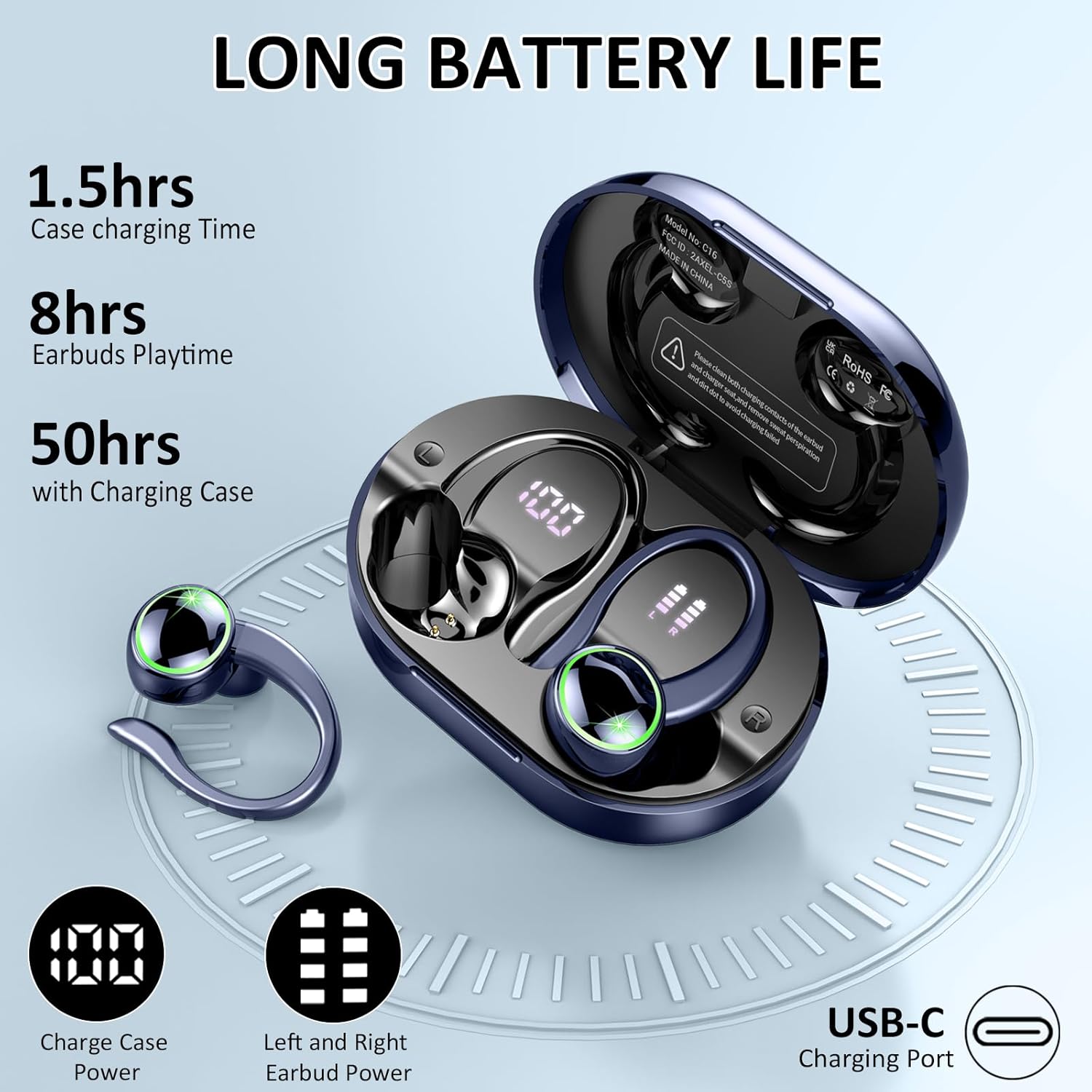 Matast 2026 Auriculares Inalámbricos Bluetooth 5.4, Auriculares Bluetooth 5.4 HiFi Estéreo, 50H Cascos Inalambricos Bluetooth, Auriculares Inalambricos Deportivos - 5